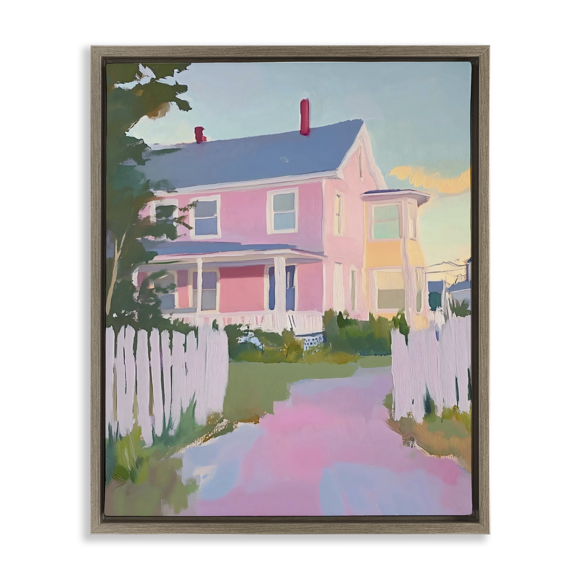 Stupell Industries Pastel Pink House with Fence Brown Framed Floater Canvas Wall Art, design by The Prints Vibe