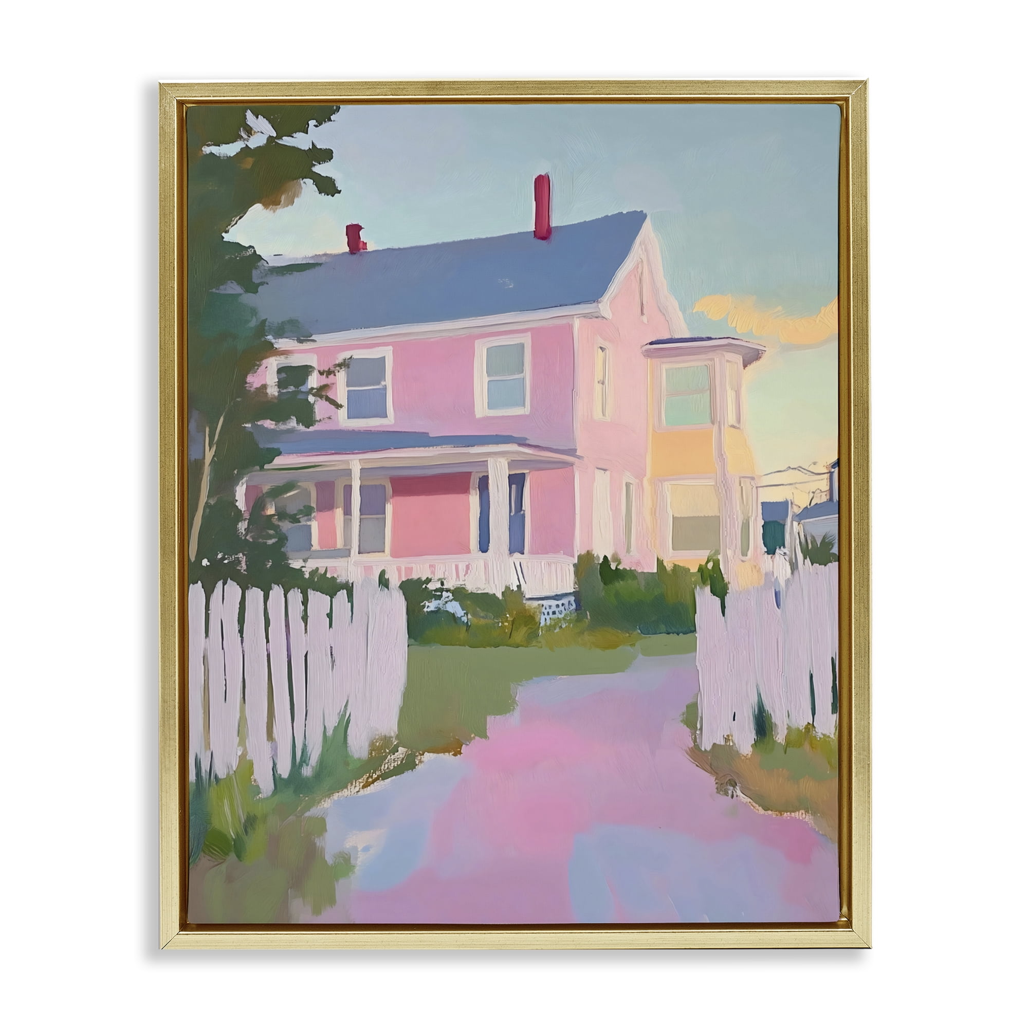 Stupell Industries Pastel Pink House with Fence Gold Framed Floater Canvas Wall Art, design by The Prints Vibe