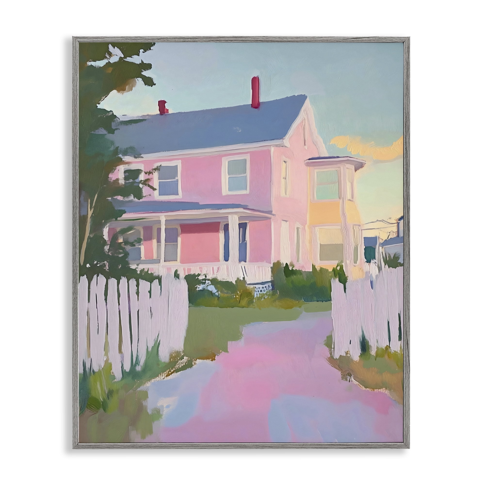 Stupell Industries Pastel Pink House with Fence Gray Framed Giclee Art, design by The Prints Vibe