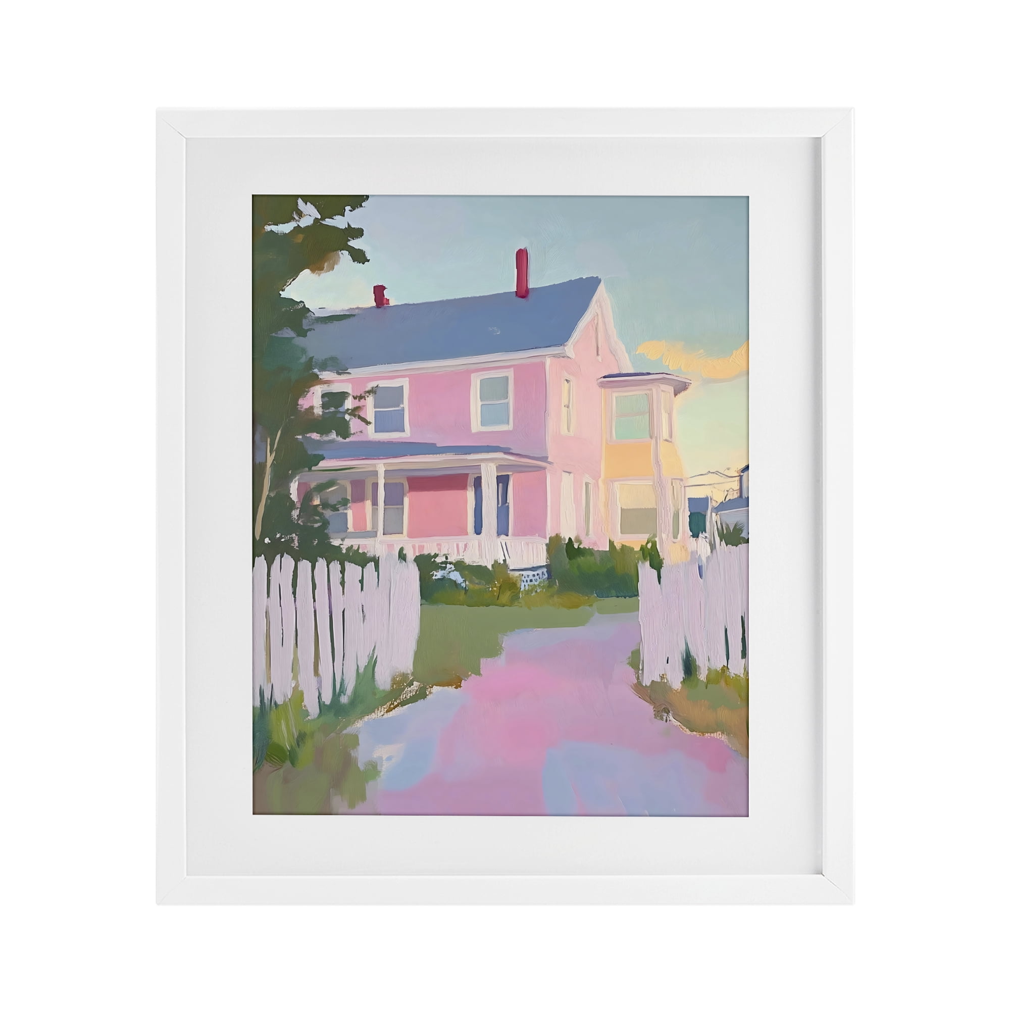 Stupell Industries Pastel Pink House with Fence White Framed Print Under Glass, design by The Prints Vibe