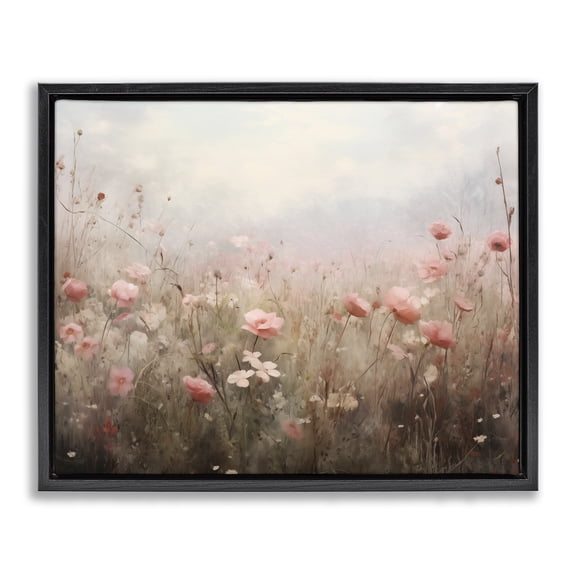 Stupell Industries Pastel Pink Meadow Flowers Landscape & Nature Painting Black Floater Framed Canvas Art Print Wall Art, 25 x 31