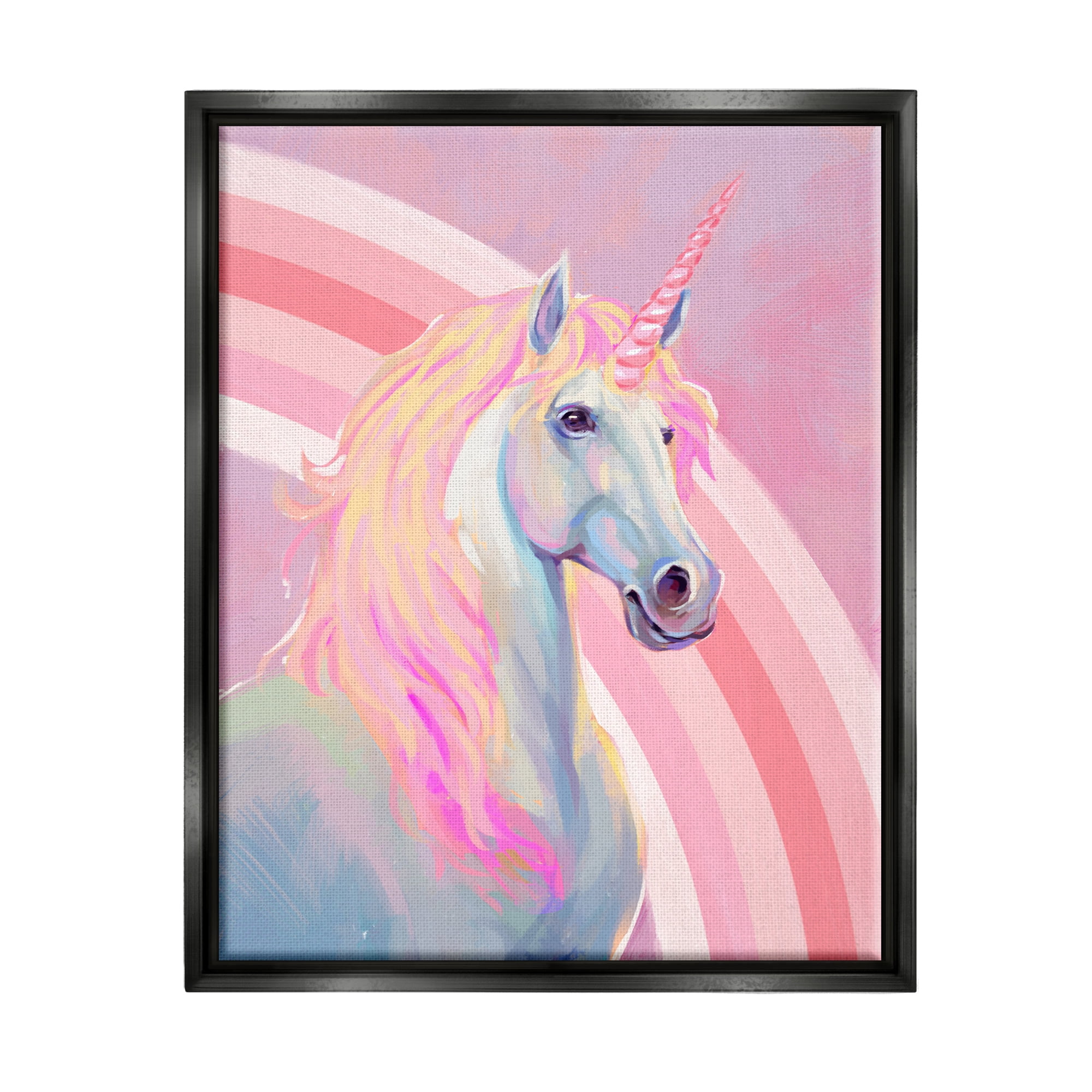 Stupell Industries Pastel Pink Unicorn Fairy Tales & Fantasy Painting Black Floater Framed Canvas Art Print Wall Art, 25 x 31