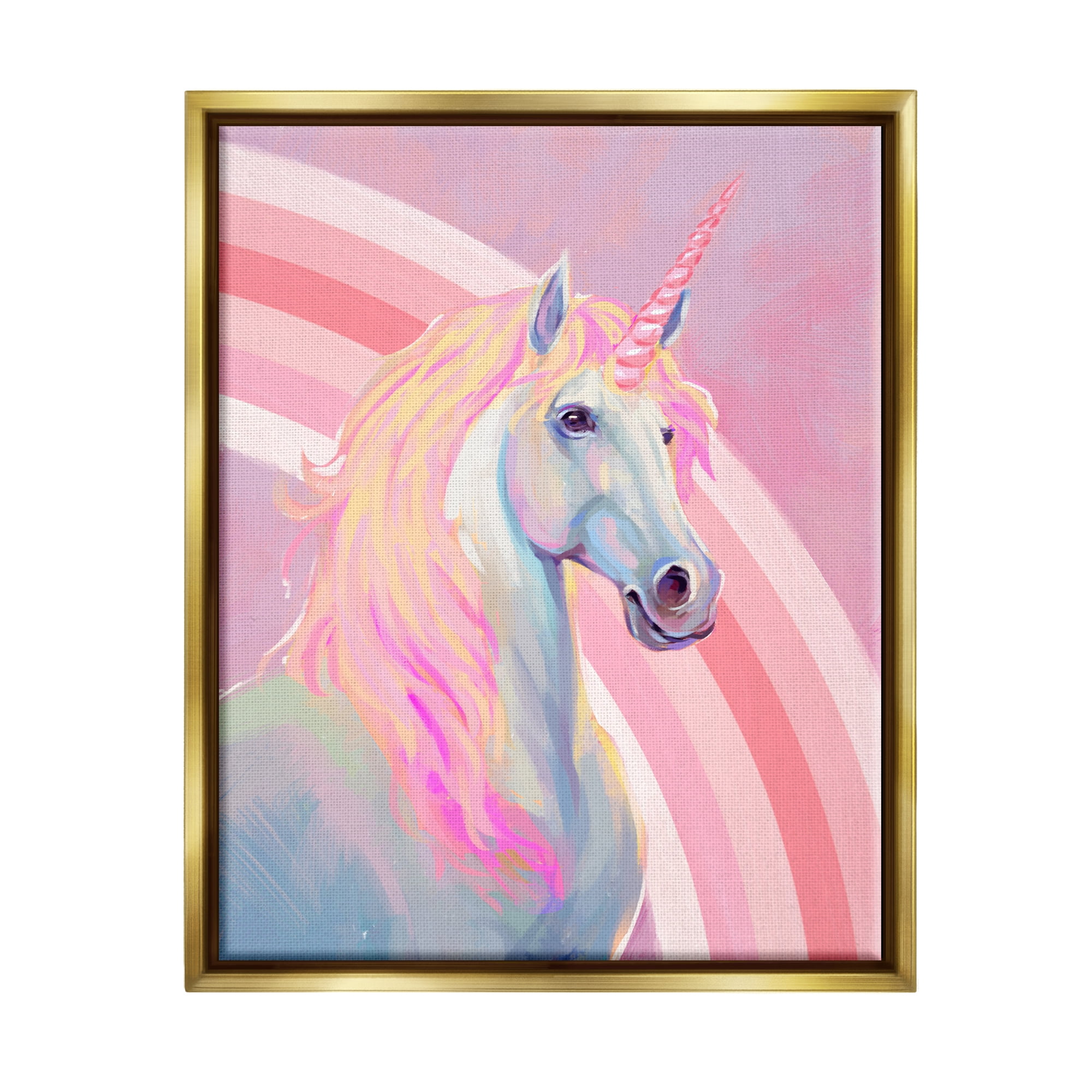 Stupell Industries Pastel Pink Unicorn Fairy Tales & Fantasy Painting Gold Floater Framed Canvas Art Print Wall Art, 25 x 31
