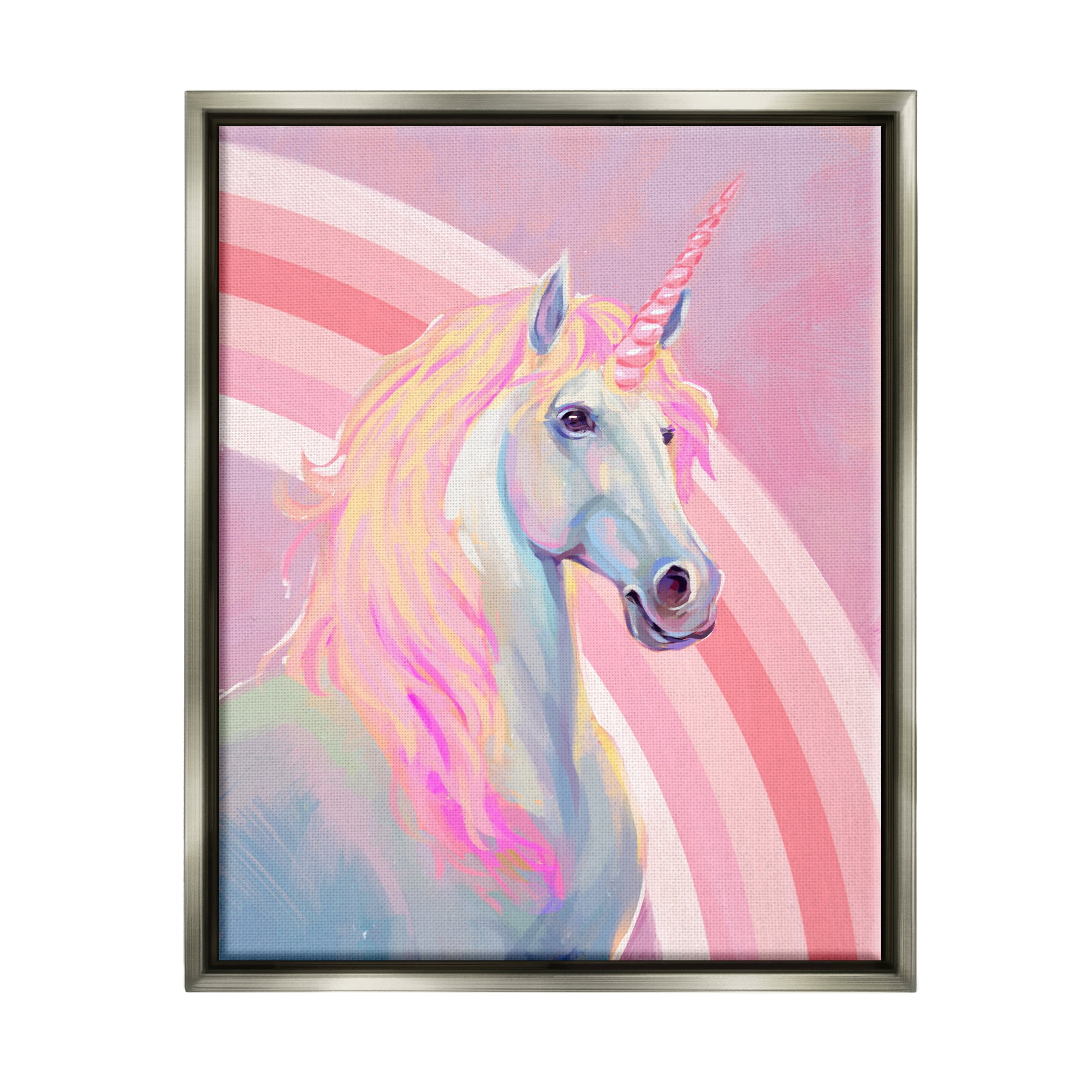 Stupell Industries Pastel Pink Unicorn Fairy Tales & Fantasy Painting Gray Floater Framed Canvas Art Print Wall Art, 25 x 31