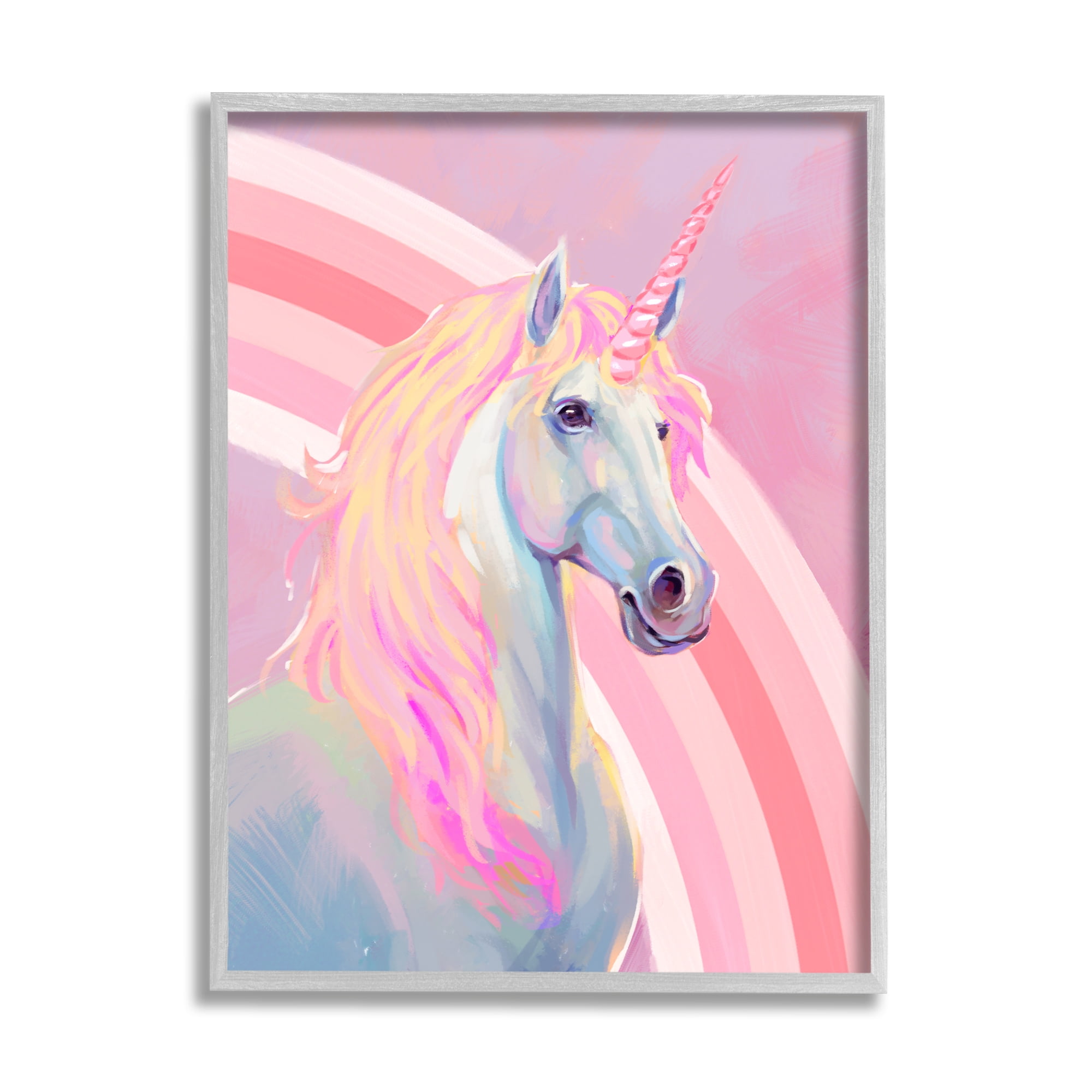 Stupell Industries Pastel Pink Unicorn Fairy Tales & Fantasy Painting Gray Framed Art Print Wall Art, 16 x 20