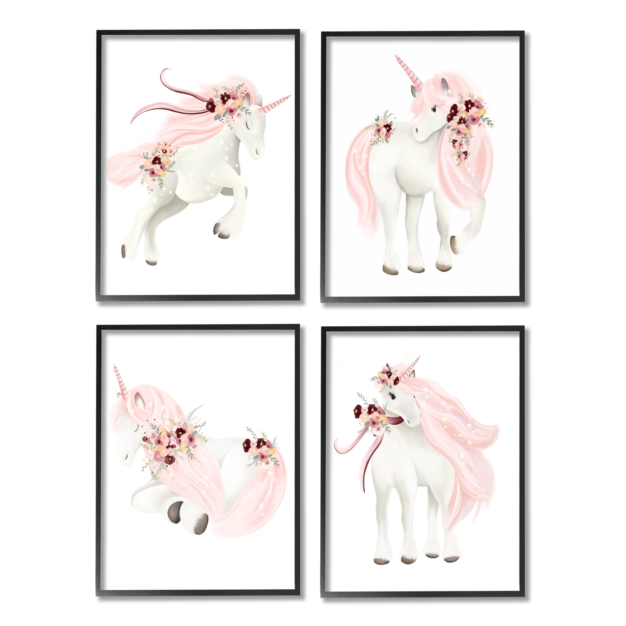 Stupell Industries Pastel Pink Unicorns Fairy Tales & Fantasy Painting Black Framed Art Print Wall Art, 16 x 20