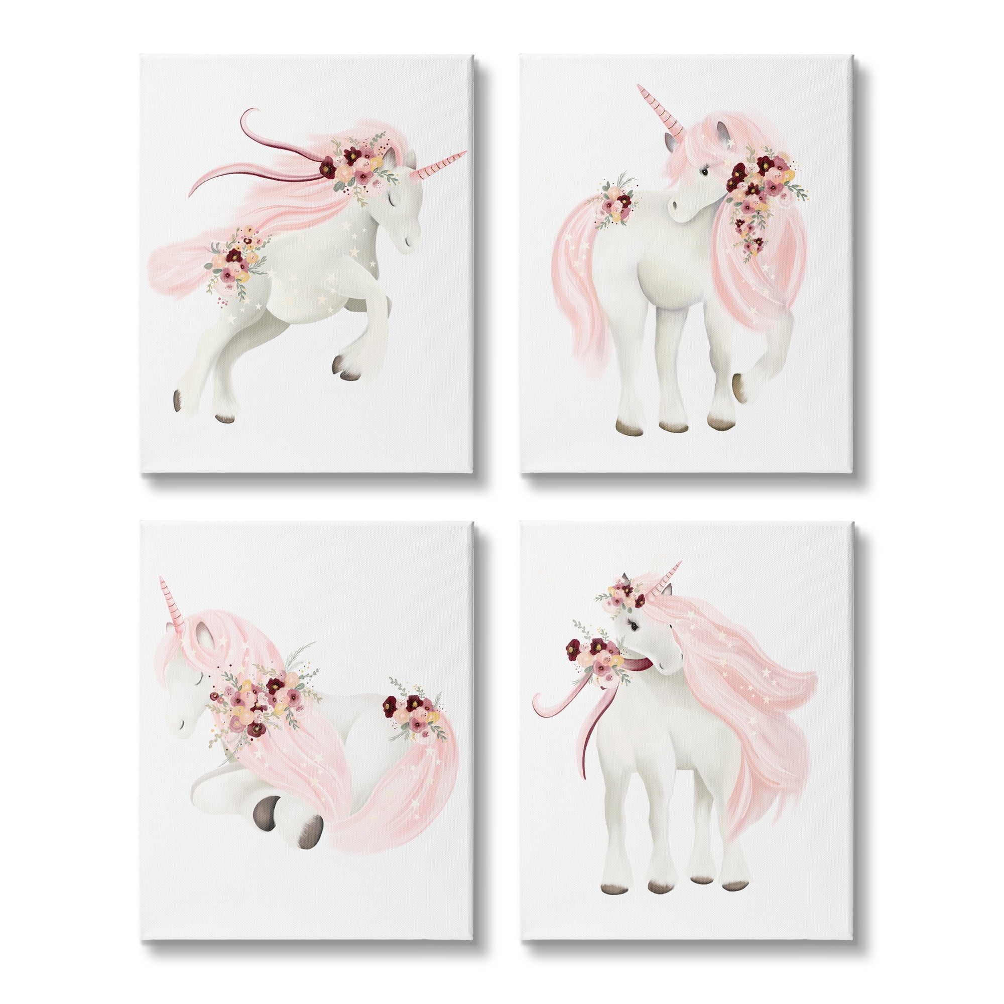 Stupell Industries Pastel Pink Unicorns Fairy Tales & Fantasy Painting Gallery Wrapped Canvas Art Print Wall Art, 11 x 14, Set of 4