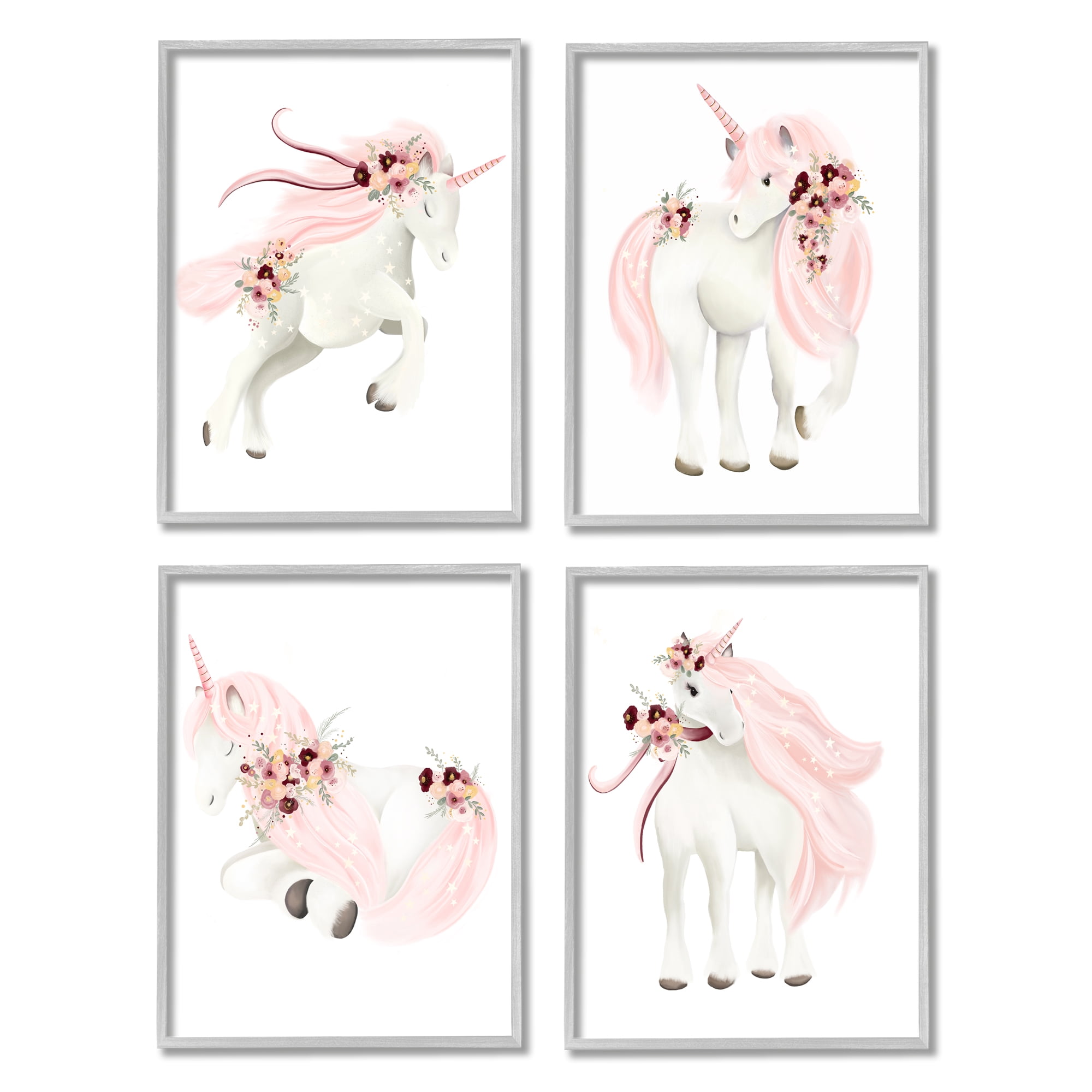 Stupell Industries Pastel Pink Unicorns Fairy Tales & Fantasy Painting Gray Framed Art Print Wall Art, 11 x 14