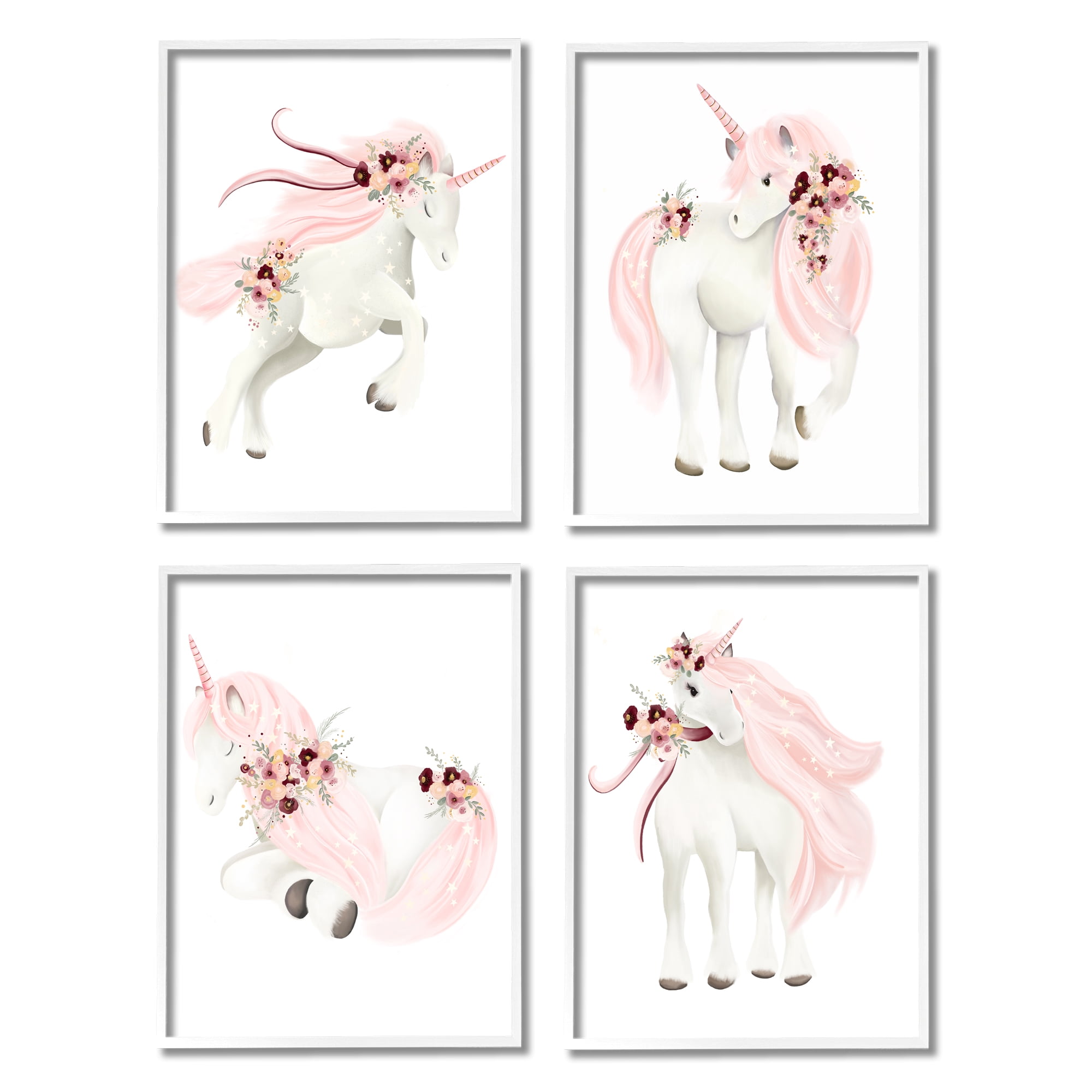 Stupell Industries Pastel Pink Unicorns Fairy Tales & Fantasy Painting White Framed Art Print Wall Art, 11 x 14