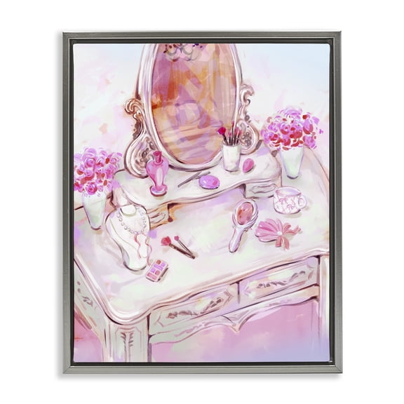 Stupell Industries Pastel Pink Vanity View Fashion Painting Gray Floater Framed Canvas Art Print Wall Art, 17 x 21