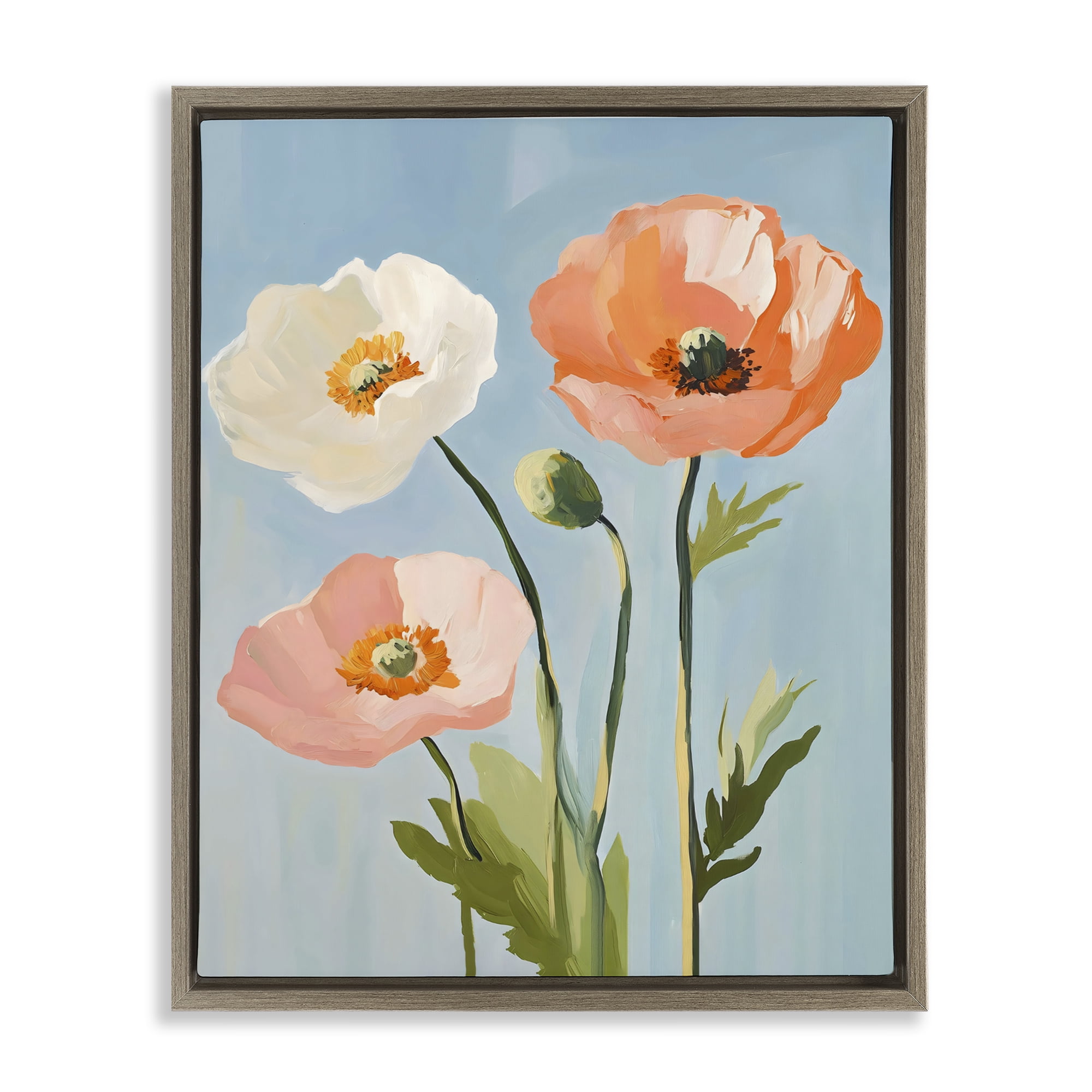 Stupell Industries Pastel Poppy Blooming Trio Brown Framed Floater Canvas Wall Art, design by The Prints Vibe