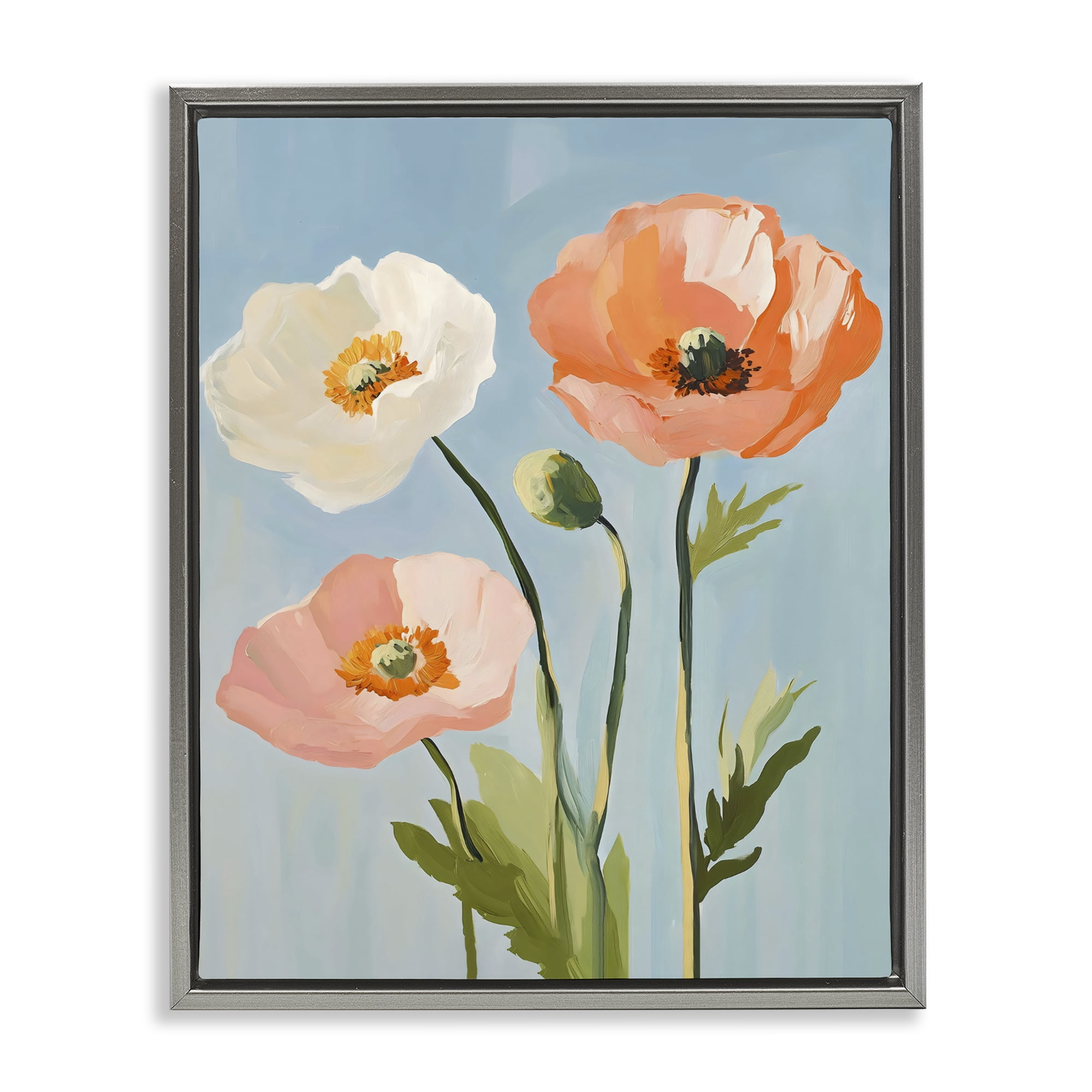 Stupell Industries Pastel Poppy Blooming Trio Gray Framed Floater Canvas Wall Art, design by The Prints Vibe