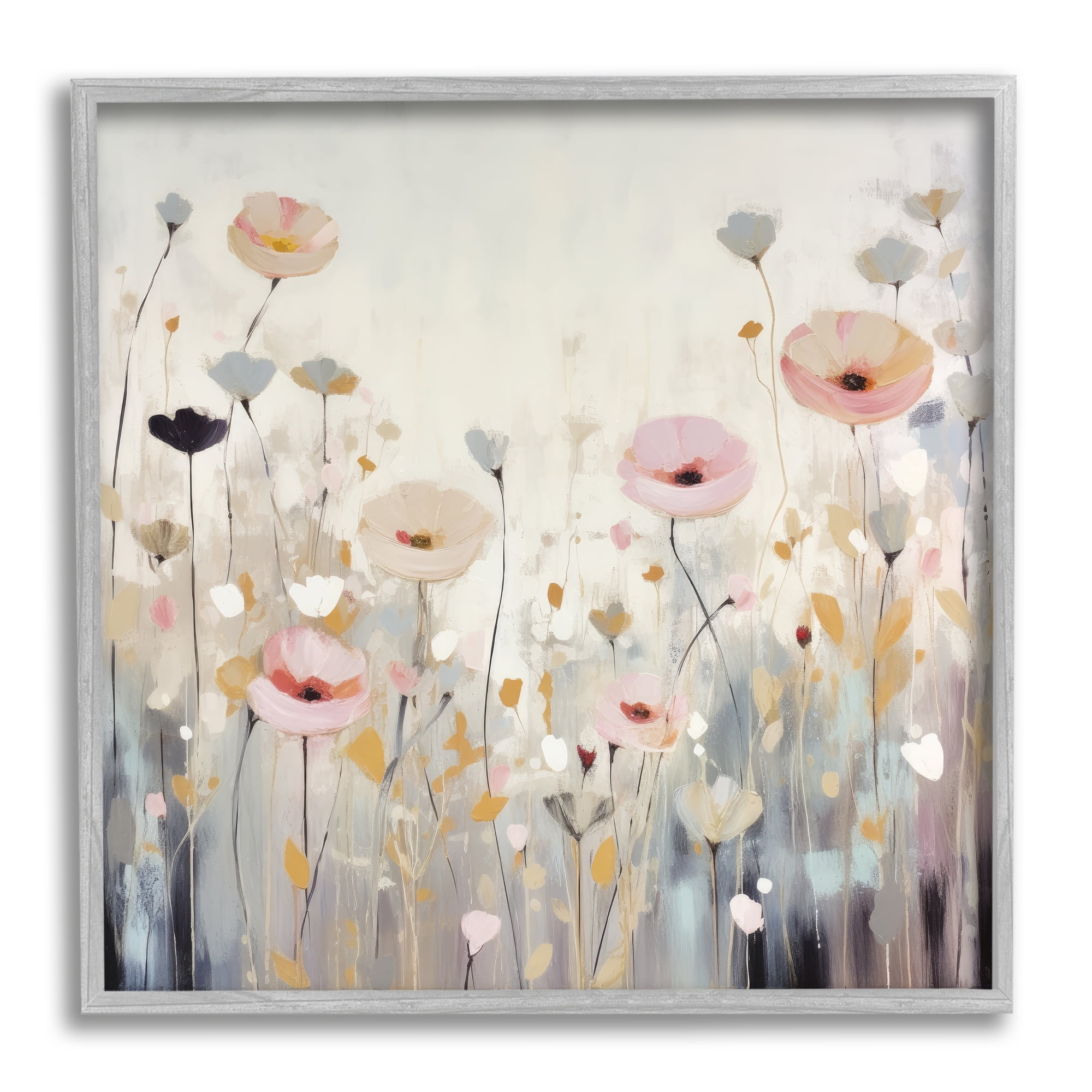 Stupell Industries Pastel Poppy Meadow Botanical & Floral Painting Gray Framed Art Print Wall Art, 17 x 17