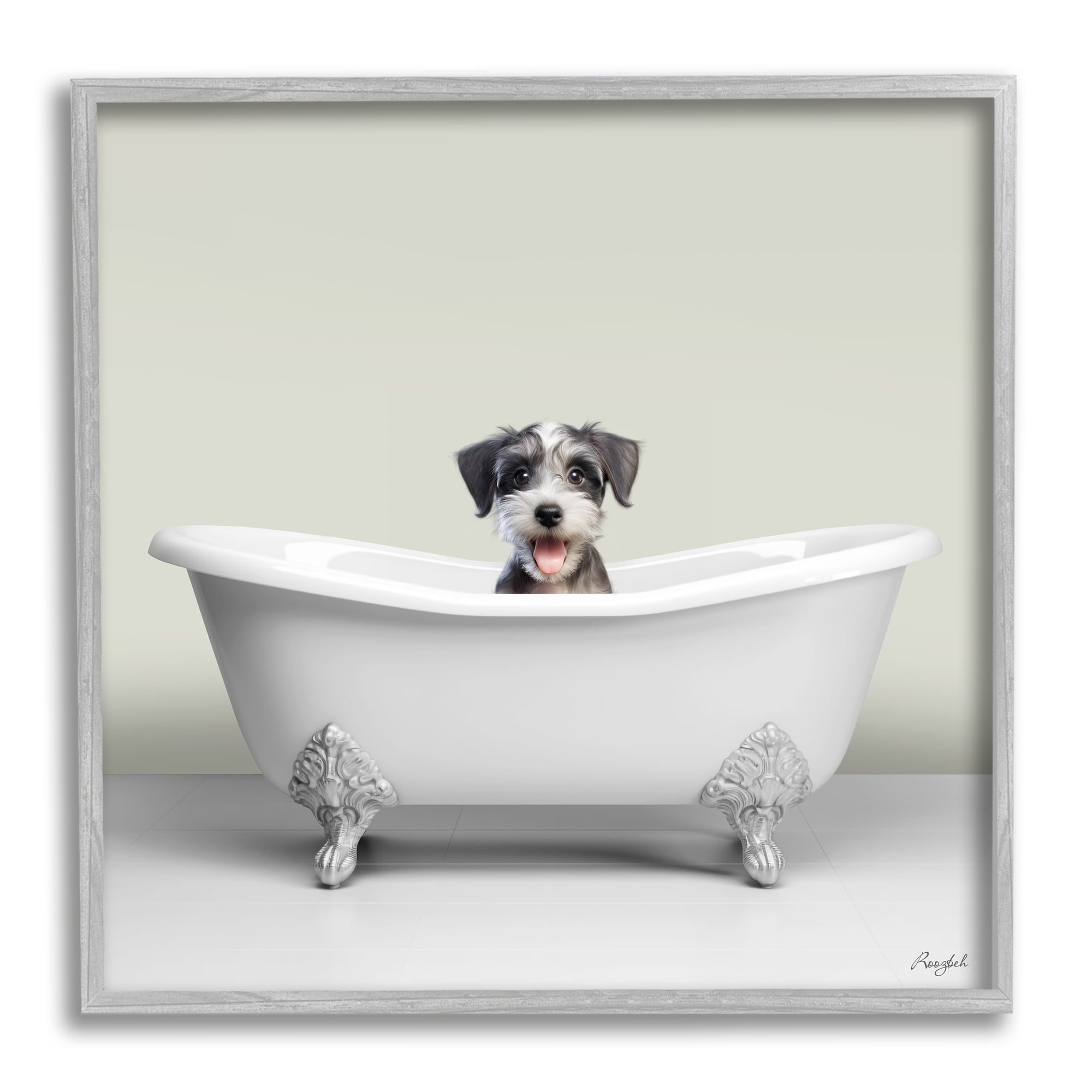 Stupell Industries Pastel Puppy in Bathtub Animals & Insects Painting Gray Framed Art Print Wall Art, 24 x 24