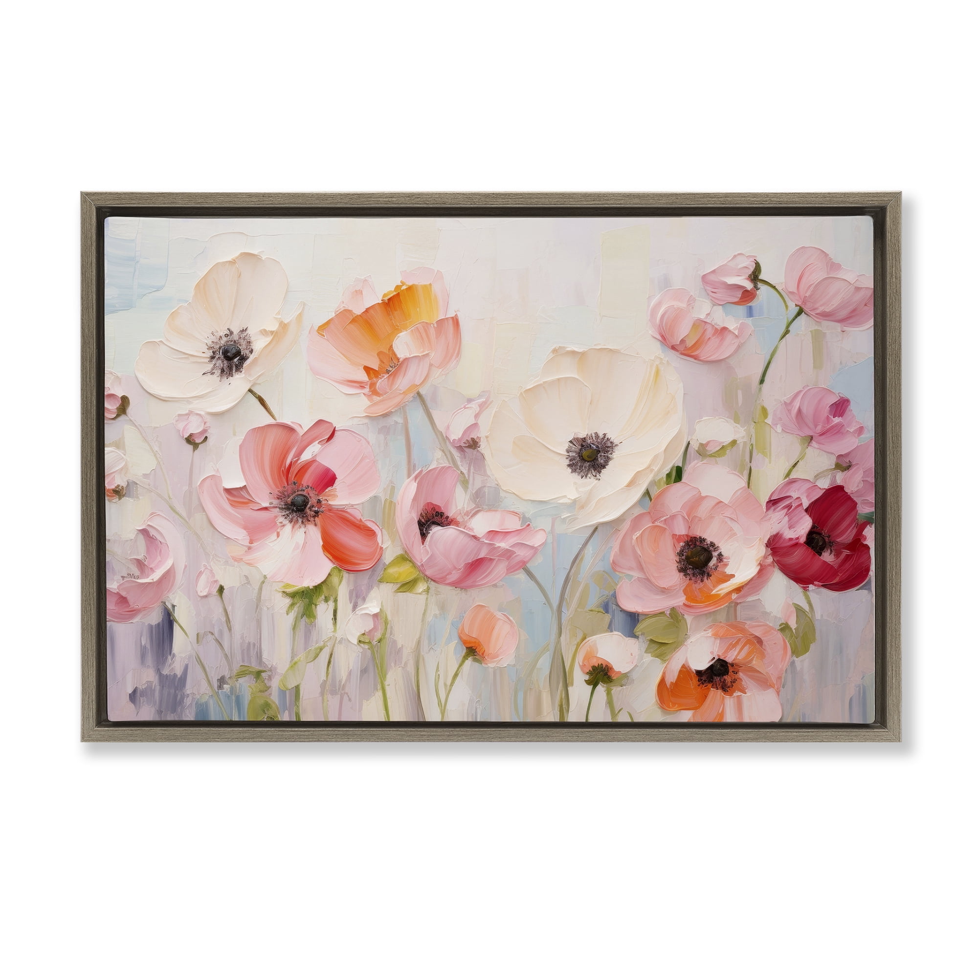 Stupell Industries Pastel Ranunculus Blooms Plants & Flowers Painting Brown Floater Framed Canvas Art Print Wall Art, 31 x 21