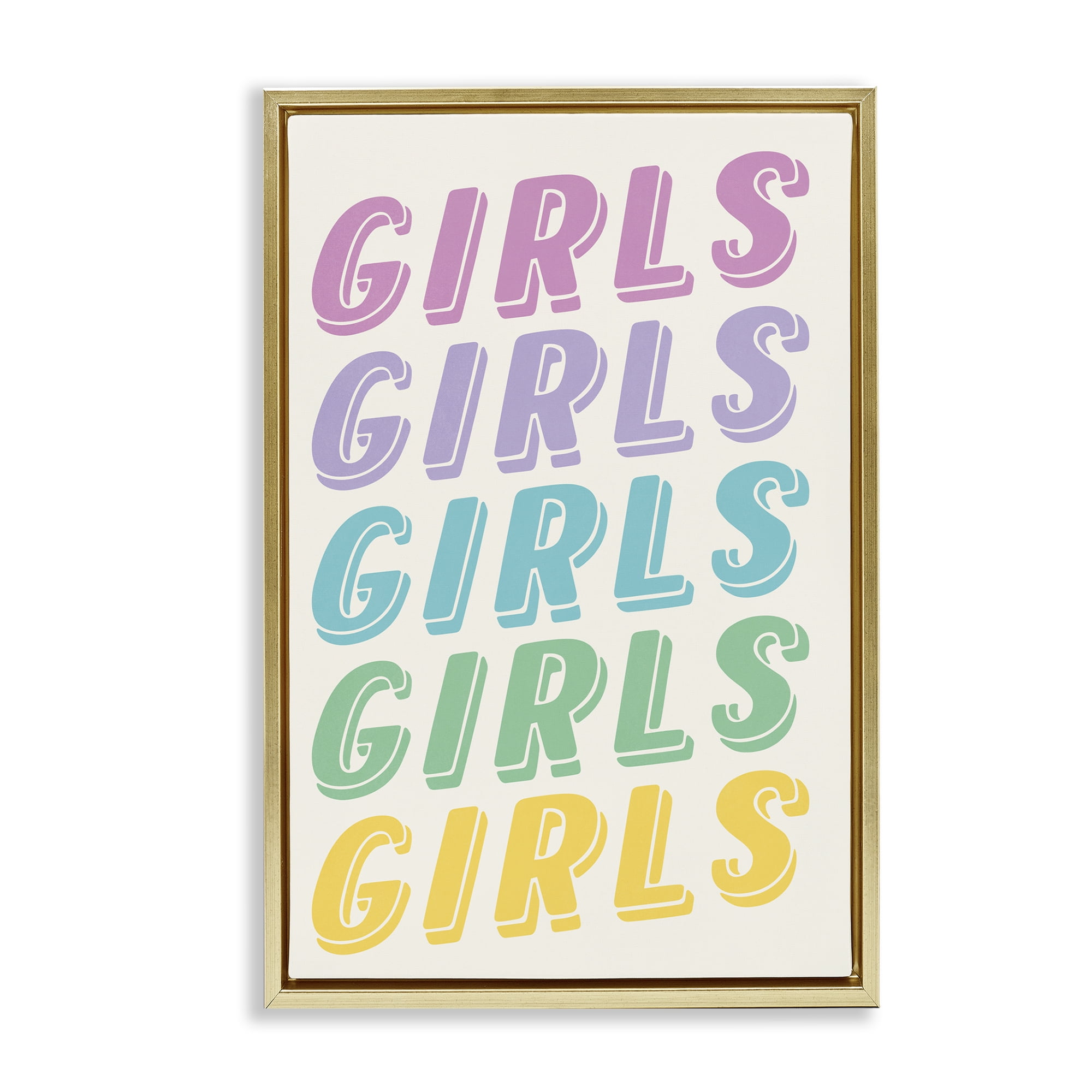 Stupell Industries Pastel Retro Girls Text Text & Numbers Painting Gold Floater Framed Canvas Art Print Wall Art, 17 x 25