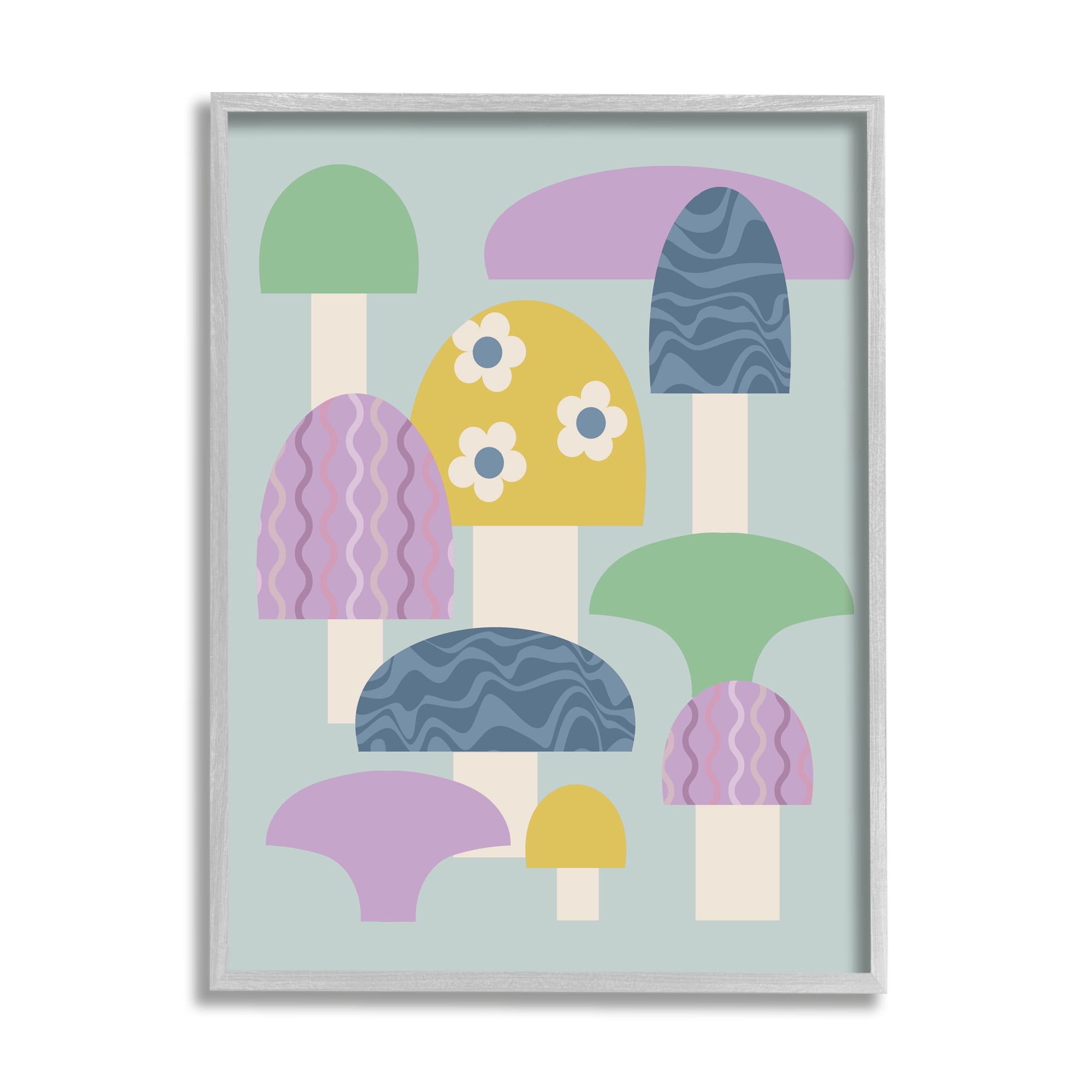 Stupell Industries Pastel Retro Mushrooms Botanical & Floral Painting Gray Framed Art Print Wall Art, 24 x 30