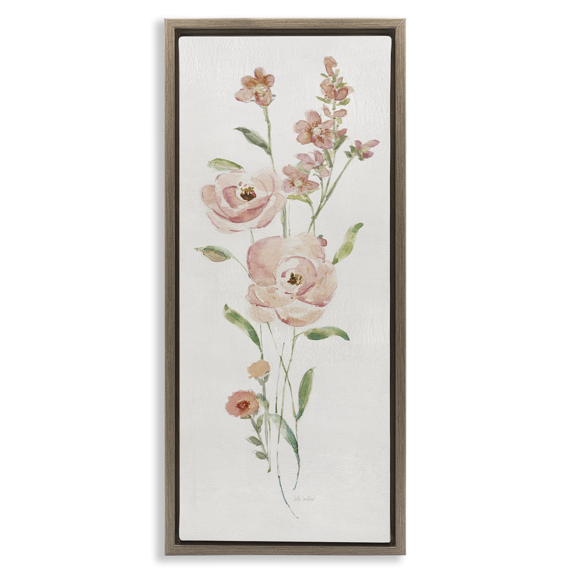 Stupell Industries Pastel Rose Sprigs Botanical & Floral Painting Brown Floater Framed Art Print Wall Art, 15 x 31