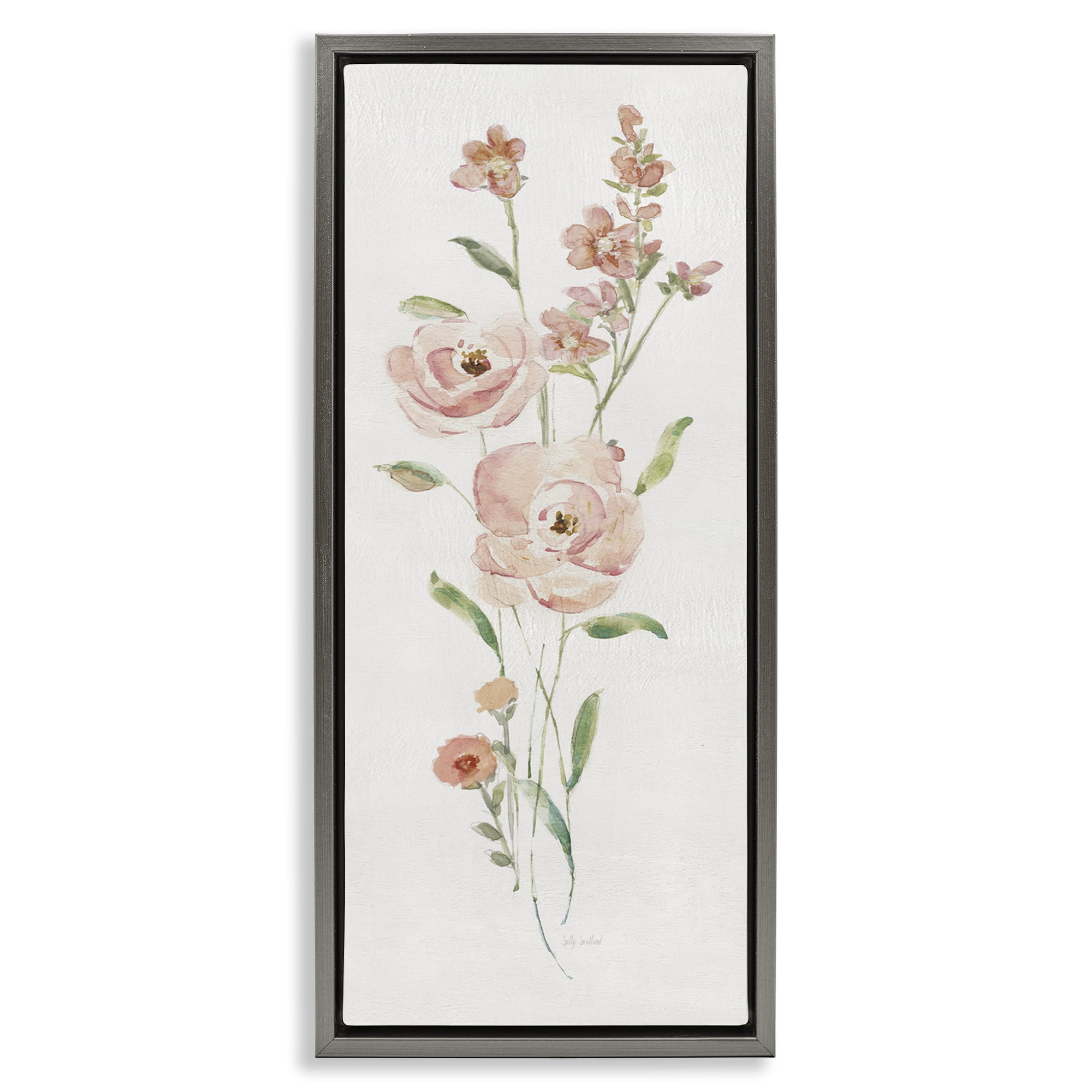 Stupell Industries Pastel Rose Sprigs Botanical & Floral Painting Gray Floater Framed Art Print Wall Art, 11 x 25