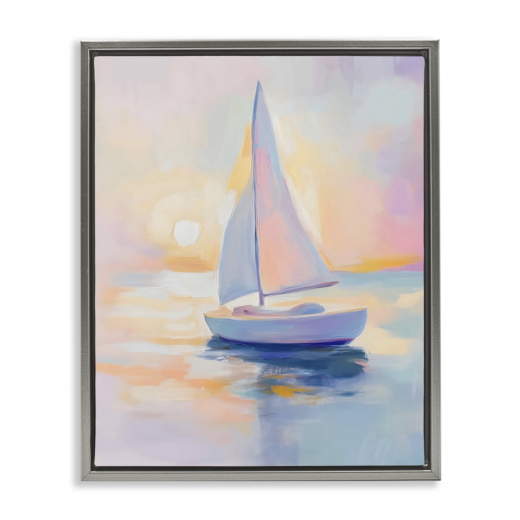 Stupell Industries Pastel Sailboat Toward Pink Horizon Gray Framed Floater Canvas Wall Art, design by The Prints Vibe