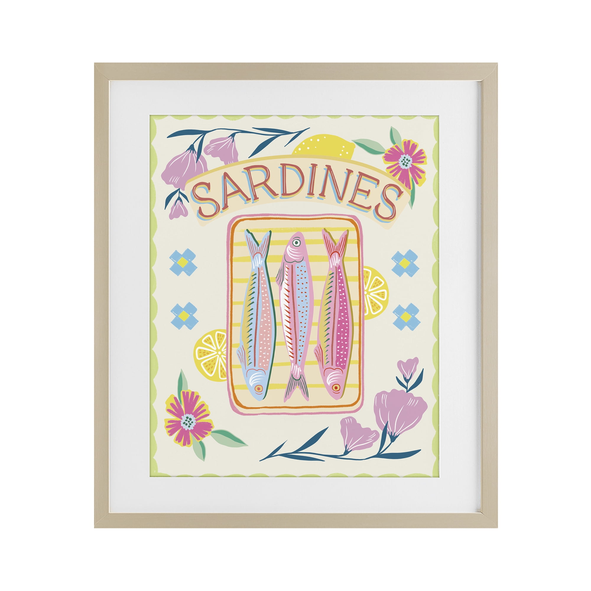 Stupell Industries Pastel Sardines & Flowers Birch Framed Print Under Glass, design by Jo Reid