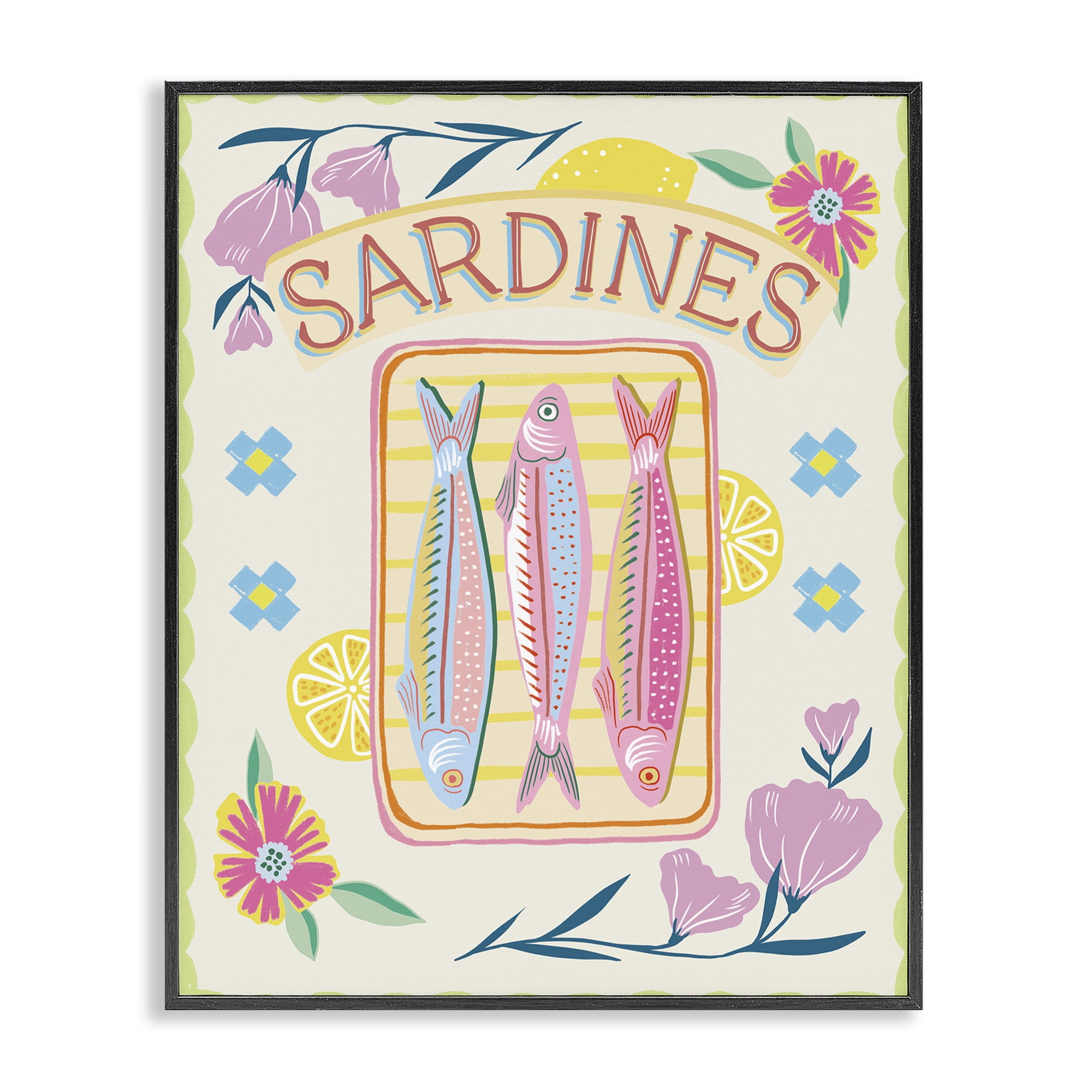 Stupell Industries Pastel Sardines & Flowers Black Framed Giclee Art, design by Jo Reid