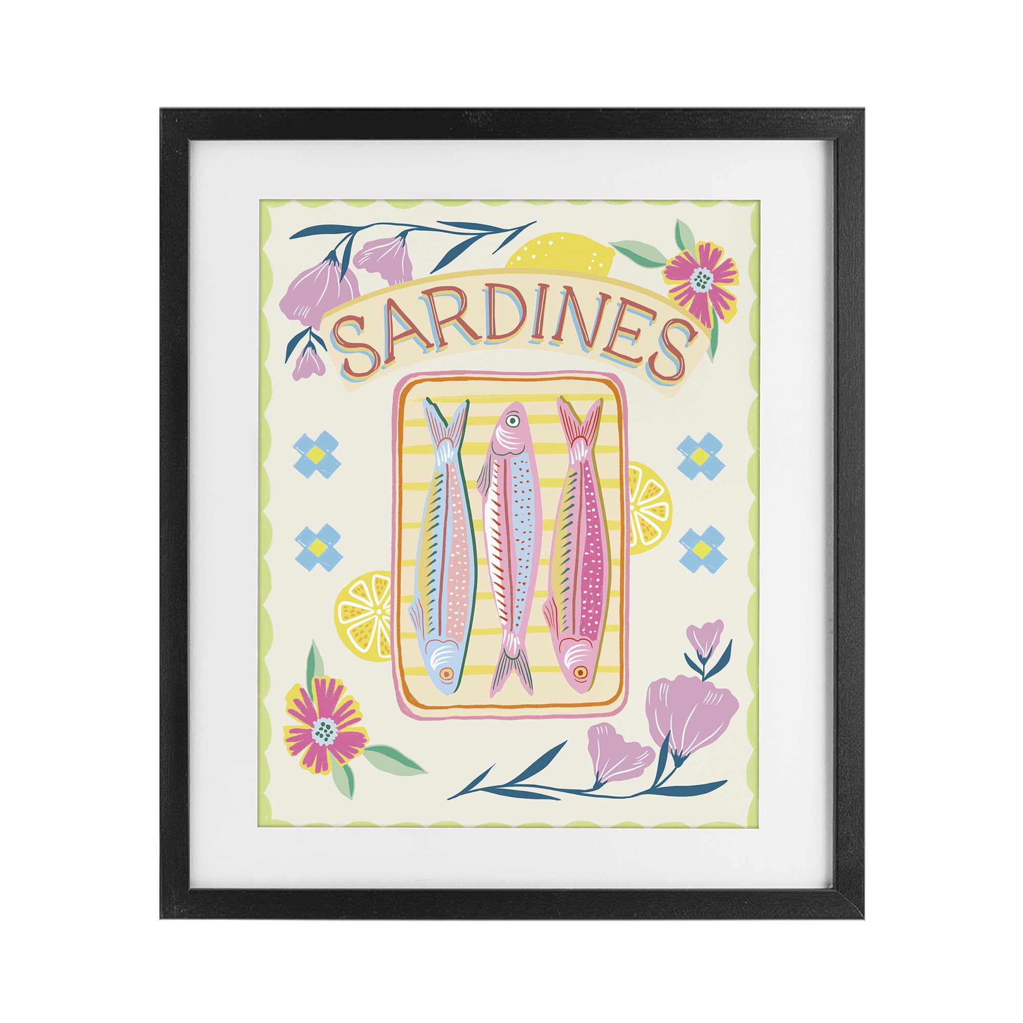 Stupell Industries Pastel Sardines & Flowers Black Framed Print Under Glass, design by Jo Reid