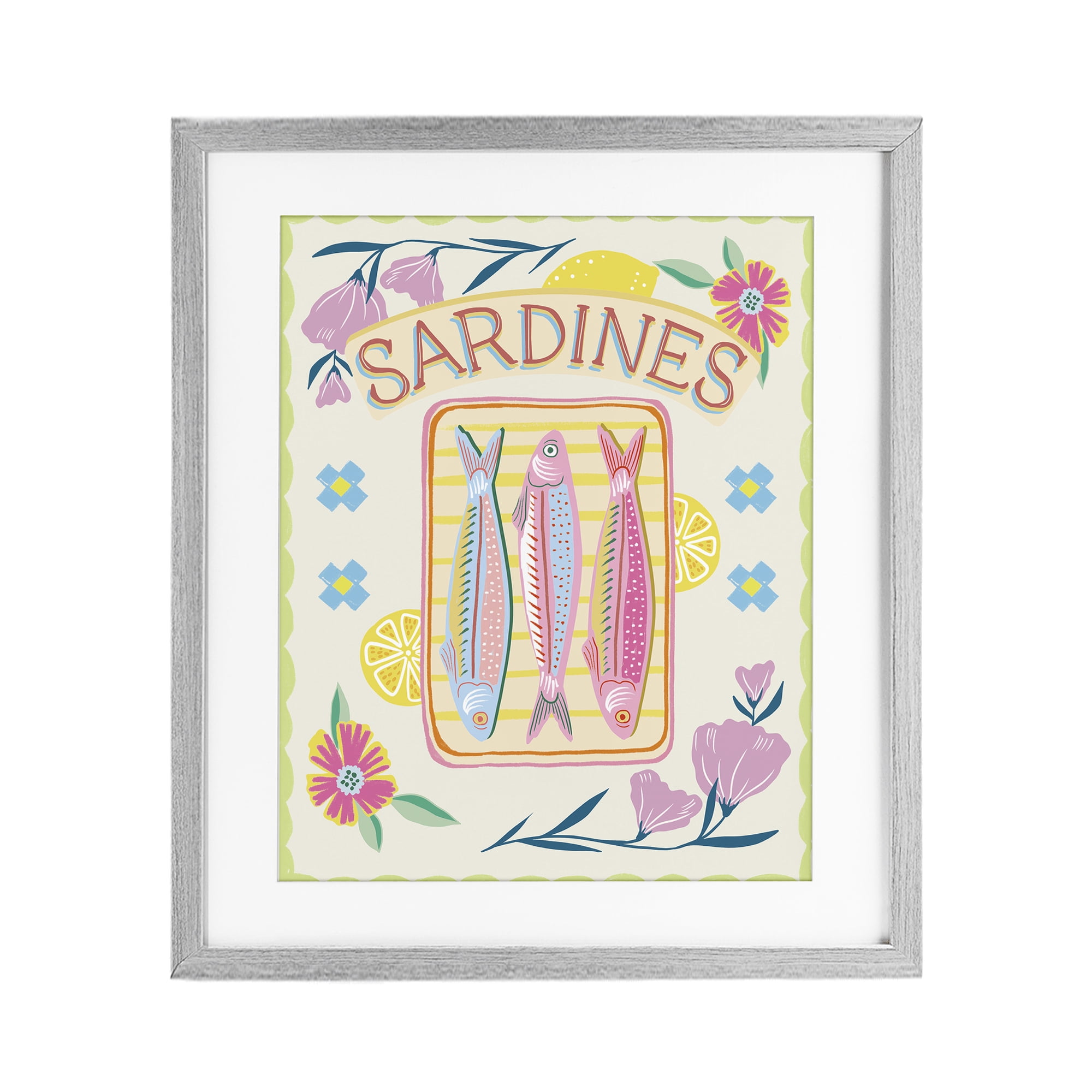 Stupell Industries Pastel Sardines & Flowers Gray Framed Print Under Glass, design by Jo Reid