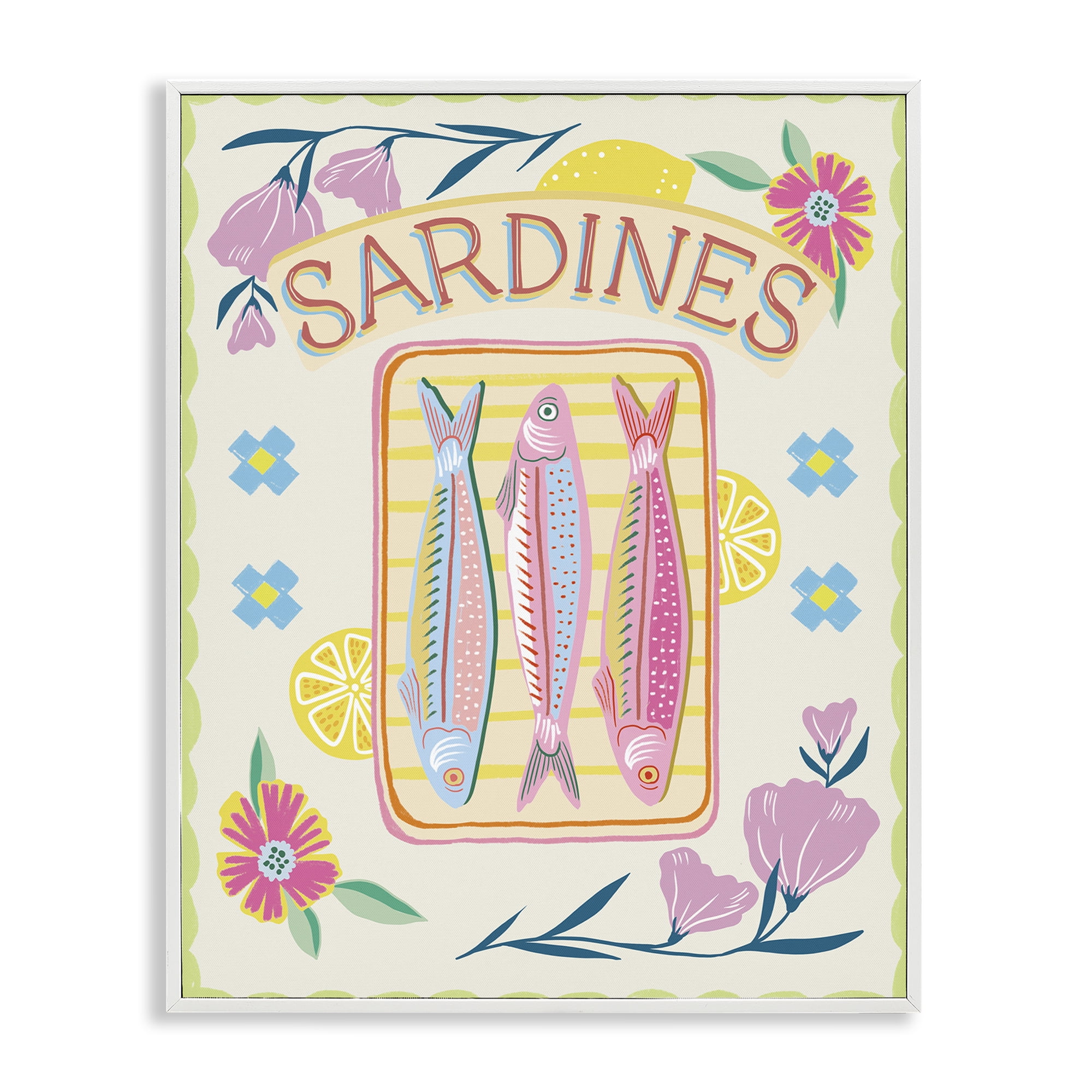 Stupell Industries Pastel Sardines & Flowers White Framed Giclee Art, design by Jo Reid