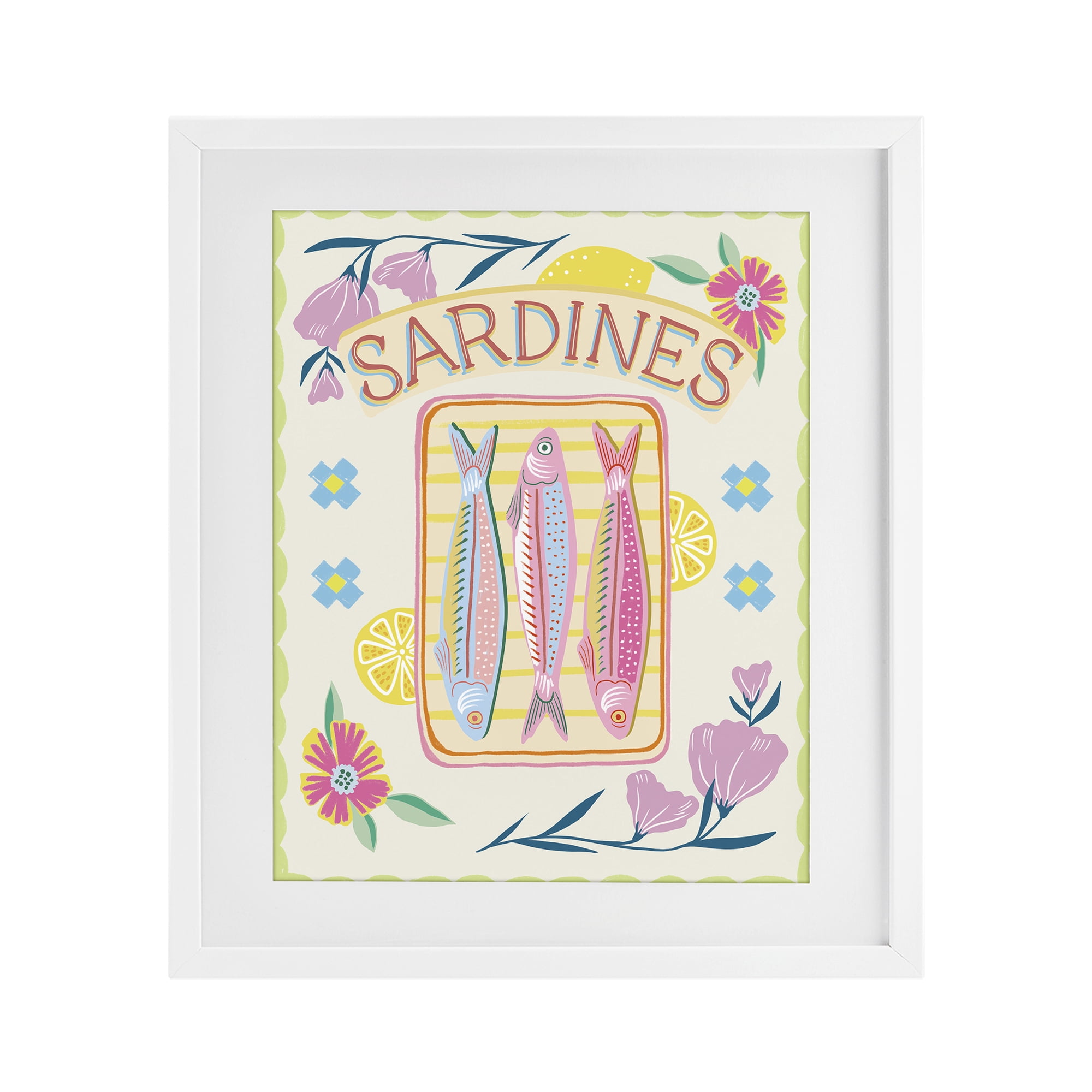 Stupell Industries Pastel Sardines & Flowers White Framed Print Under Glass, design by Jo Reid