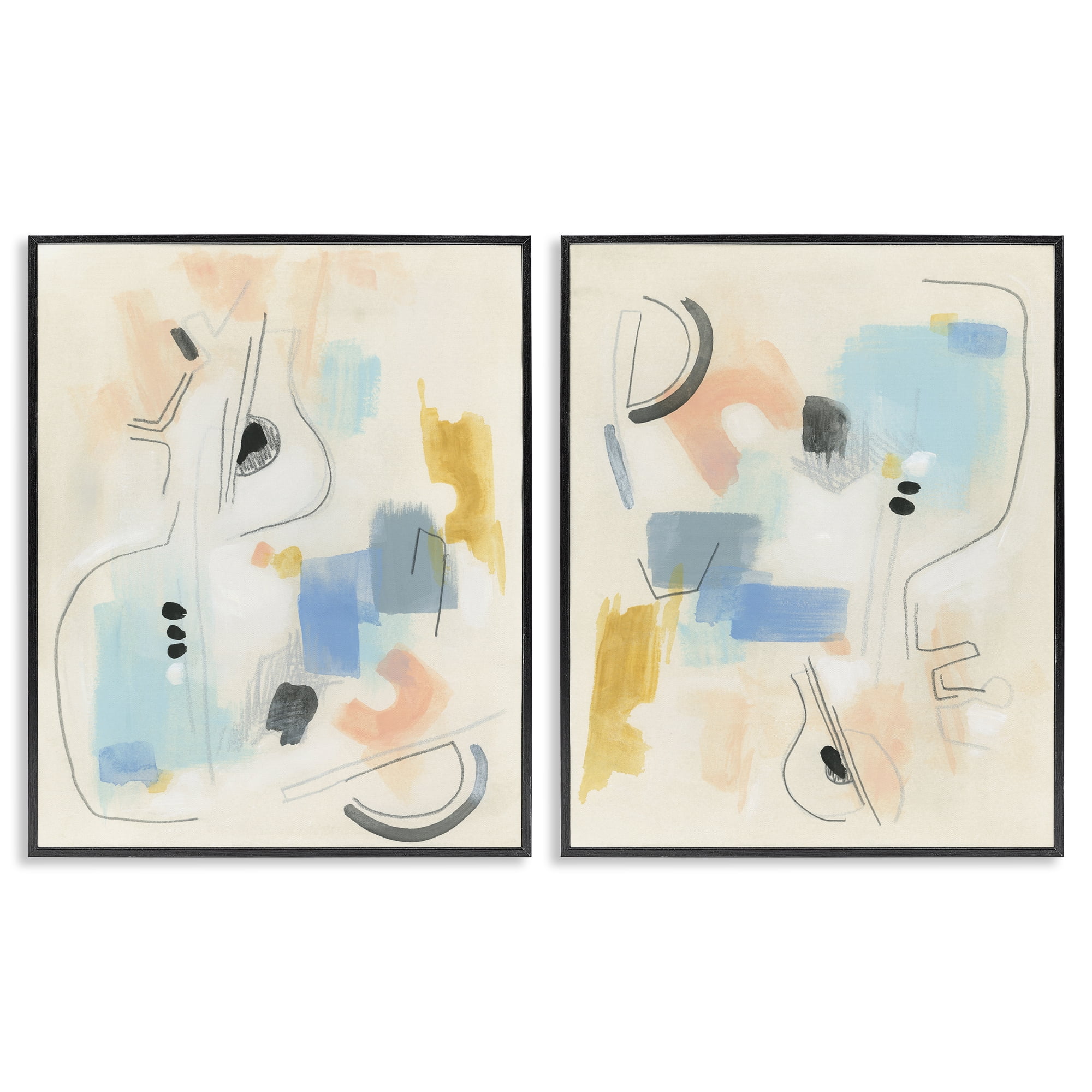 Stupell Industries Pastel Shapes Lines Patches Abstract Painting Black Framed Art Print Wall Art, 16 x 20, Set of 2