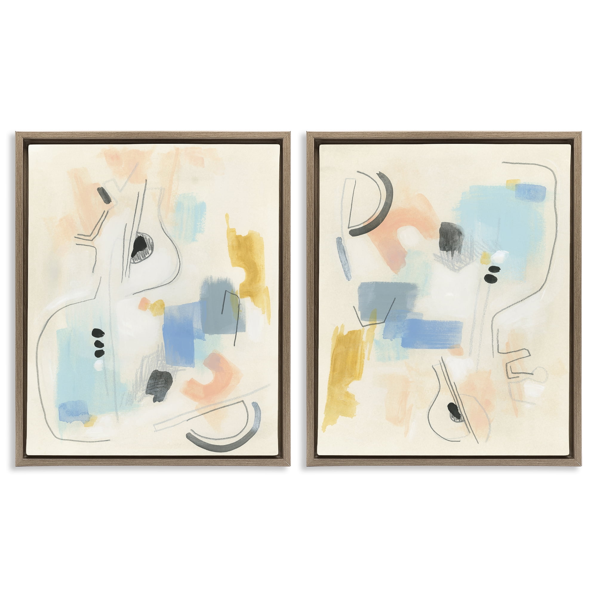 Stupell Industries Pastel Shapes Lines Patches Abstract Painting Brown Floater Framed Canvas Art Print Wall Art, 31 x 25, Set of 2