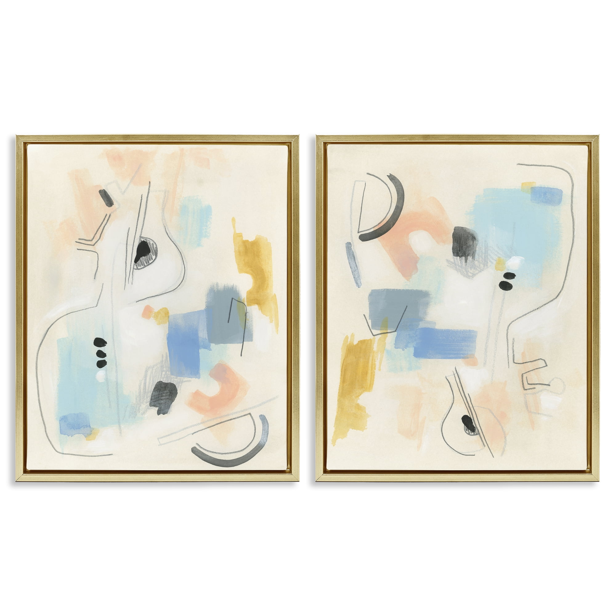Stupell Industries Pastel Shapes Lines Patches Abstract Painting Gold Floater Framed Canvas Art Print Wall Art, 31 x 25, Set of 2