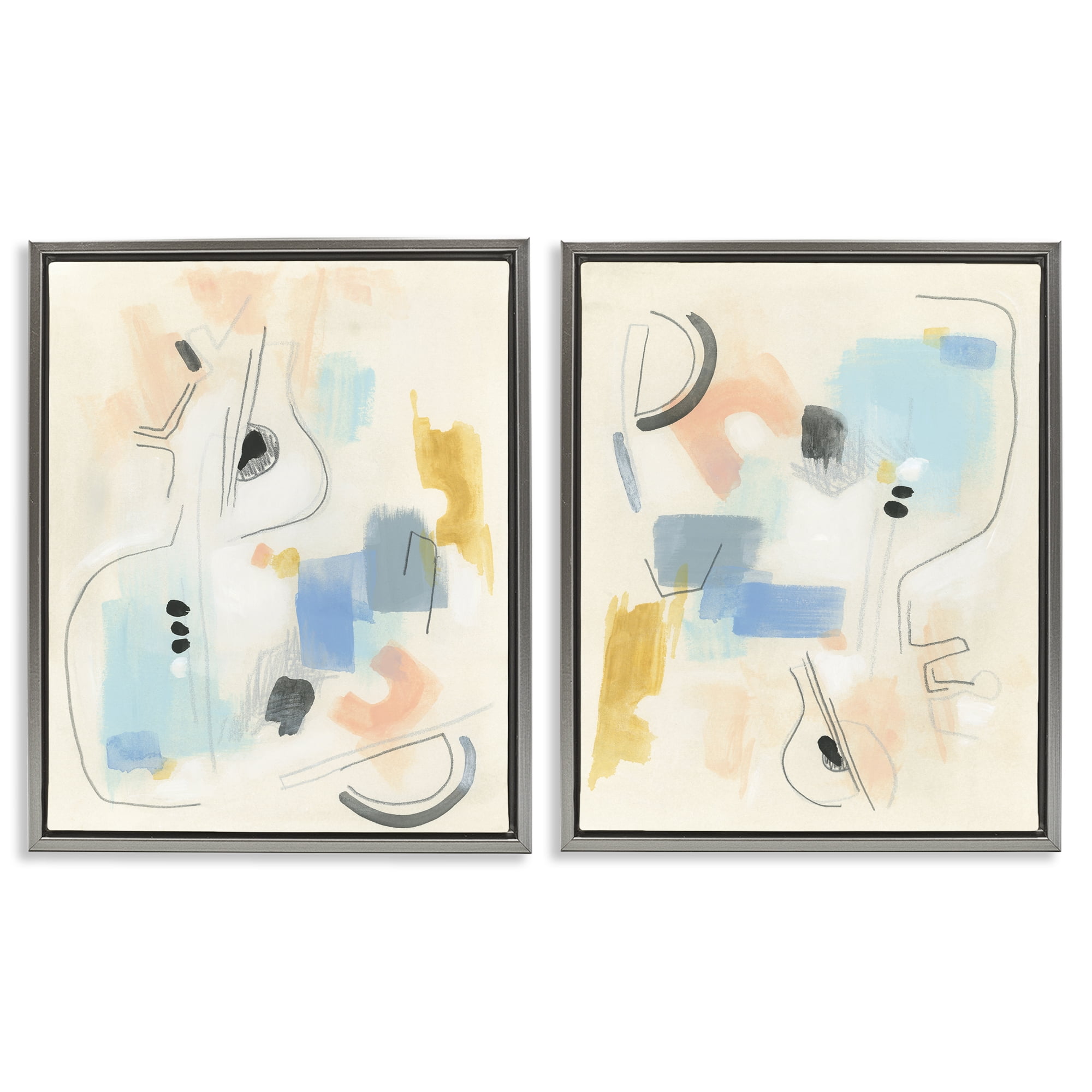 Stupell Industries Pastel Shapes Lines Patches Abstract Painting Gray Floater Framed Canvas Art Print Wall Art, 17 x 21, Set of 2