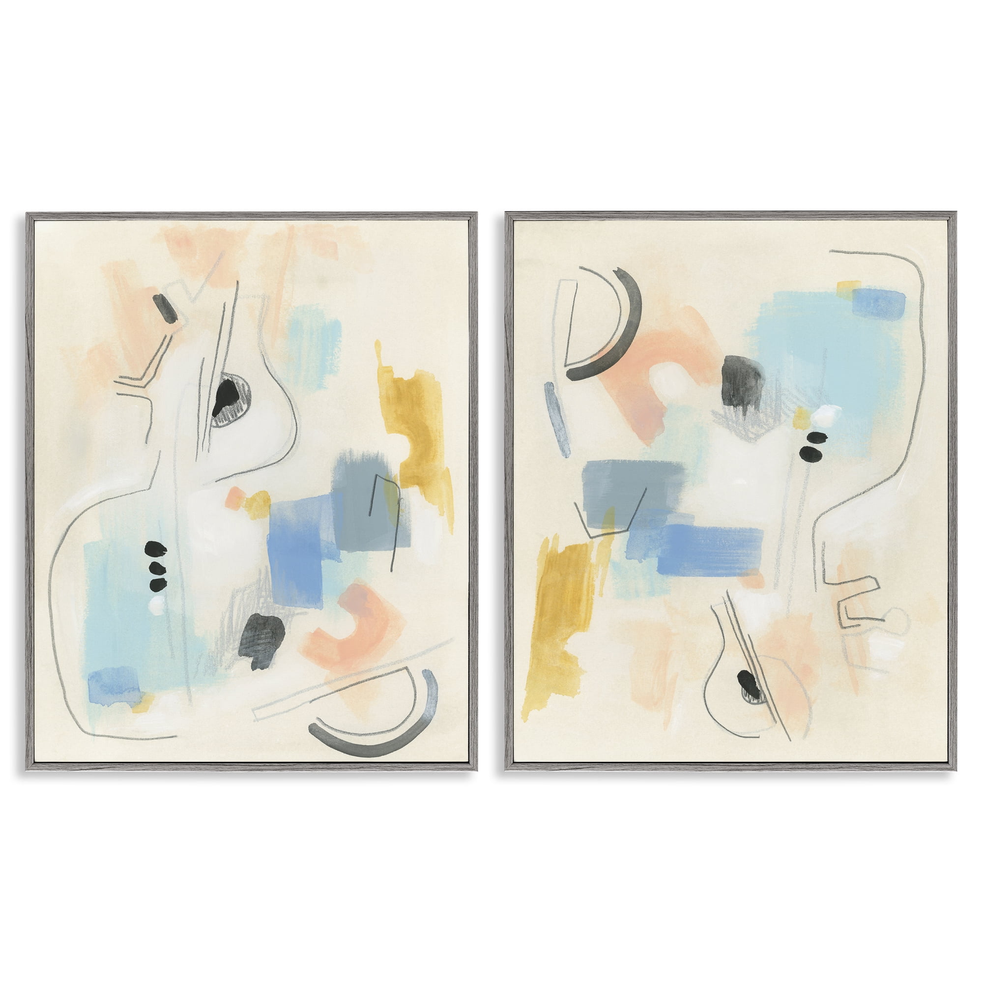 Stupell Industries Pastel Shapes Lines Patches Abstract Painting Gray Framed Art Print Wall Art, 16 x 20, Set of 2