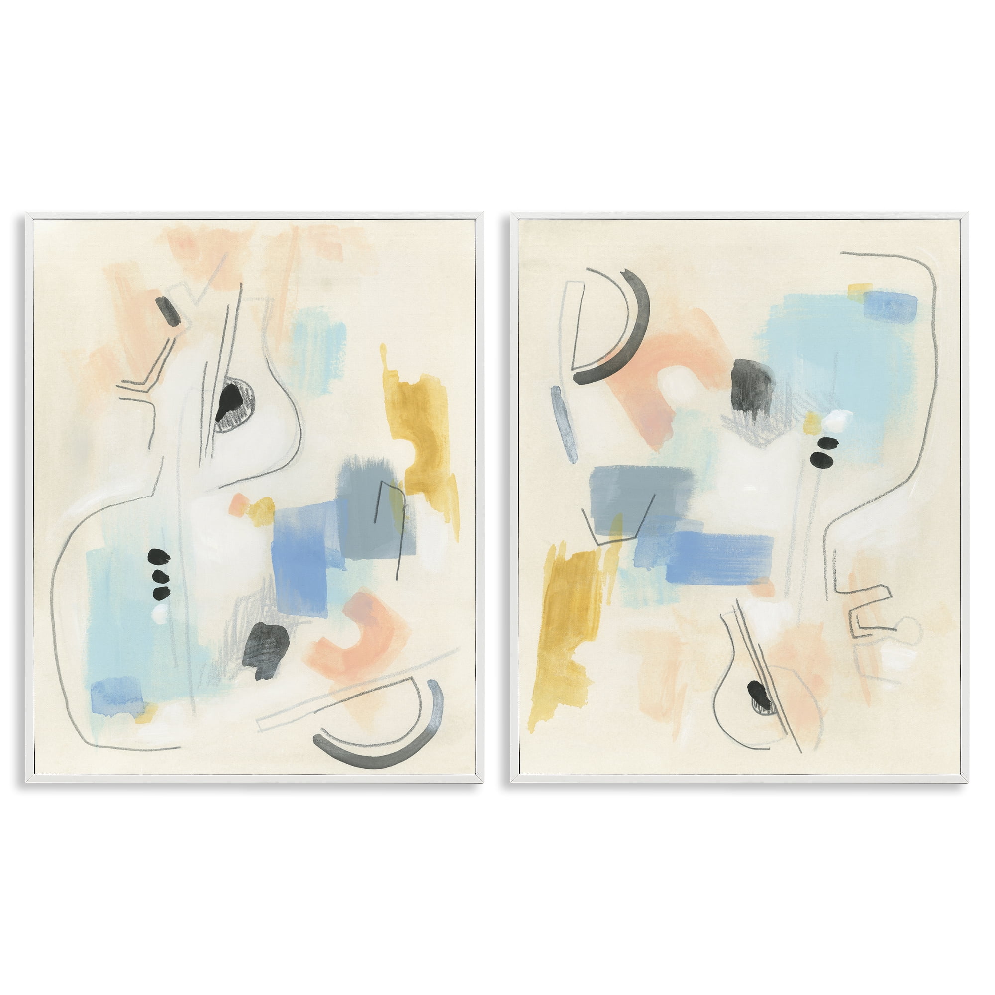 Stupell Industries Pastel Shapes Lines Patches Abstract Painting White Framed Art Print Wall Art, 16 x 20, Set of 2