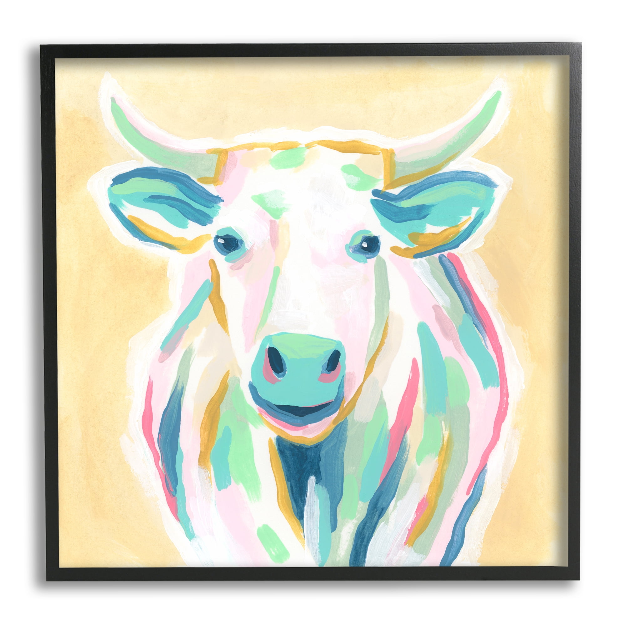 Stupell Industries Pastel Smiling Cattle Animals & Insects Painting Black Framed Art Print Wall Art, 24 x 24