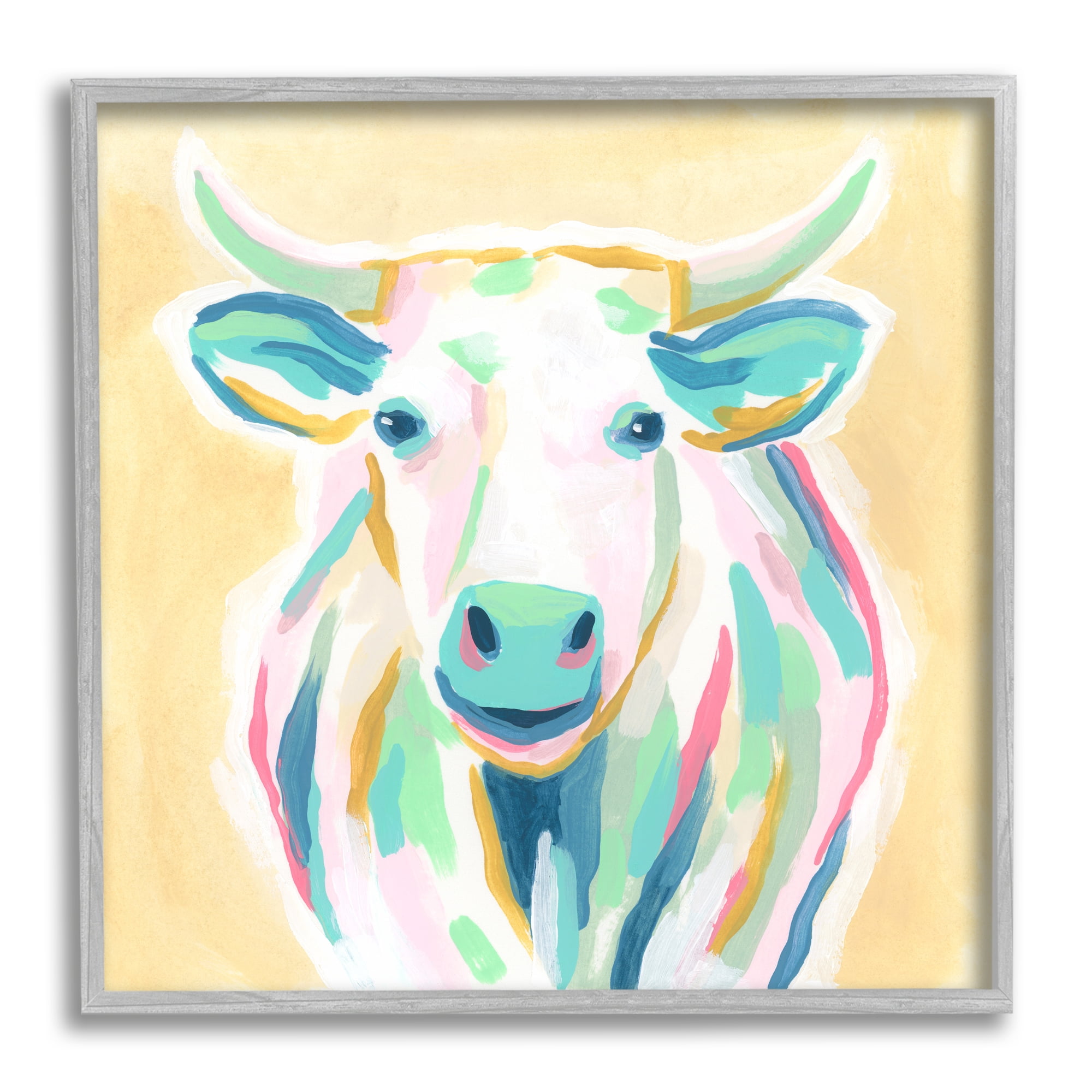 Stupell Industries Pastel Smiling Cattle Animals & Insects Painting Gray Framed Art Print Wall Art, 24 x 24