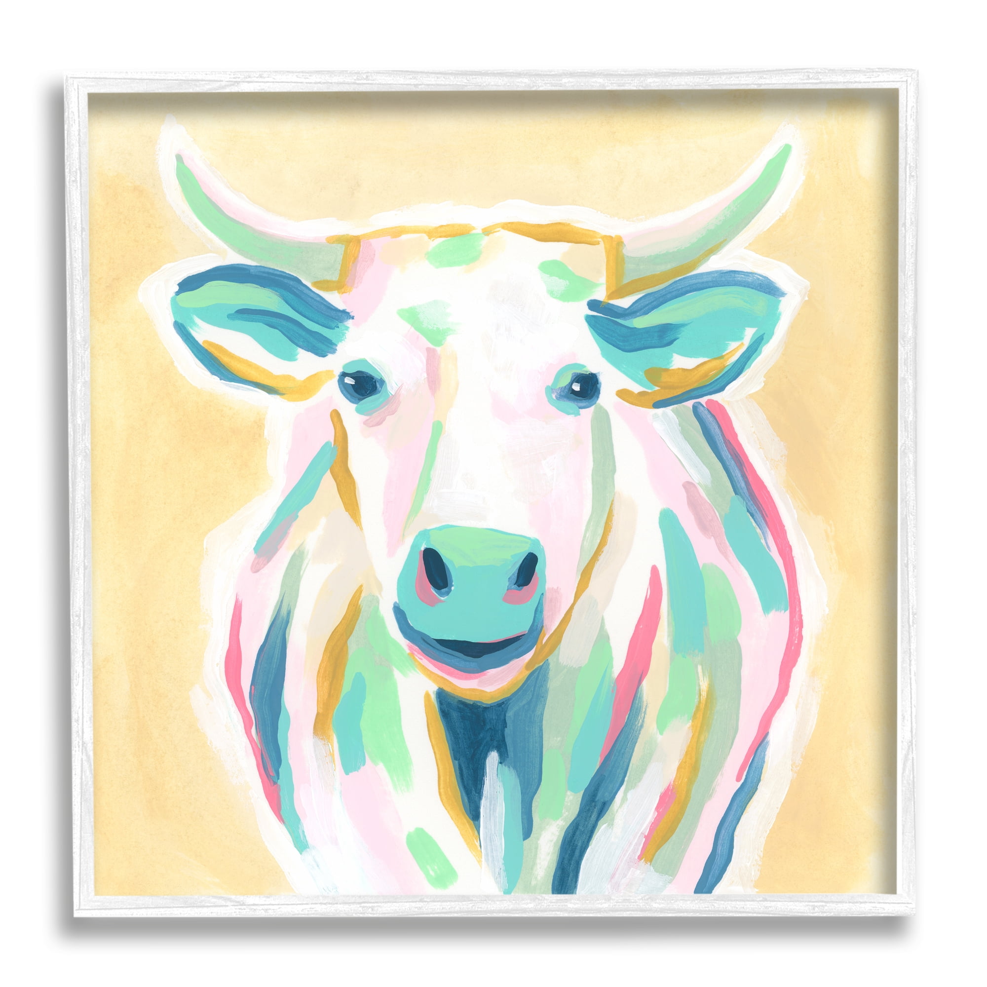 Stupell Industries Pastel Smiling Cattle Animals & Insects Painting White Framed Art Print Wall Art, 24 x 24