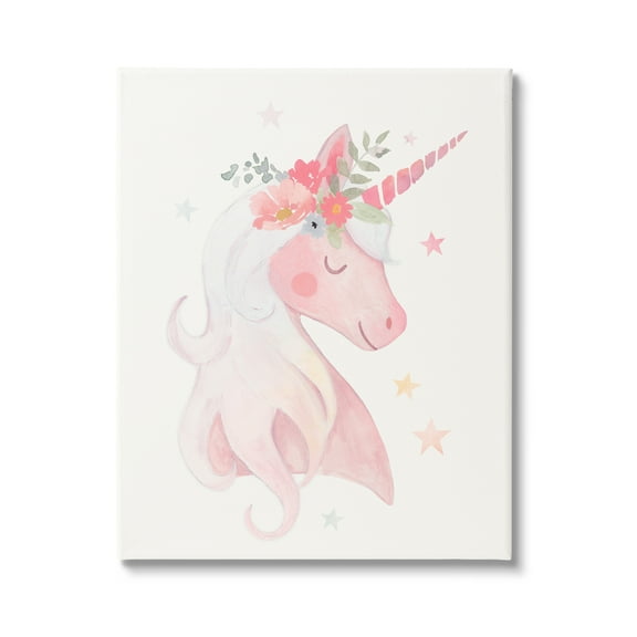 Stupell Industries Pastel Smiling Unicorn Pink Flower Blossom Crown Graphic Art Gallery Wrapped Canvas Print Wall Art, Design by Victoria Barnes