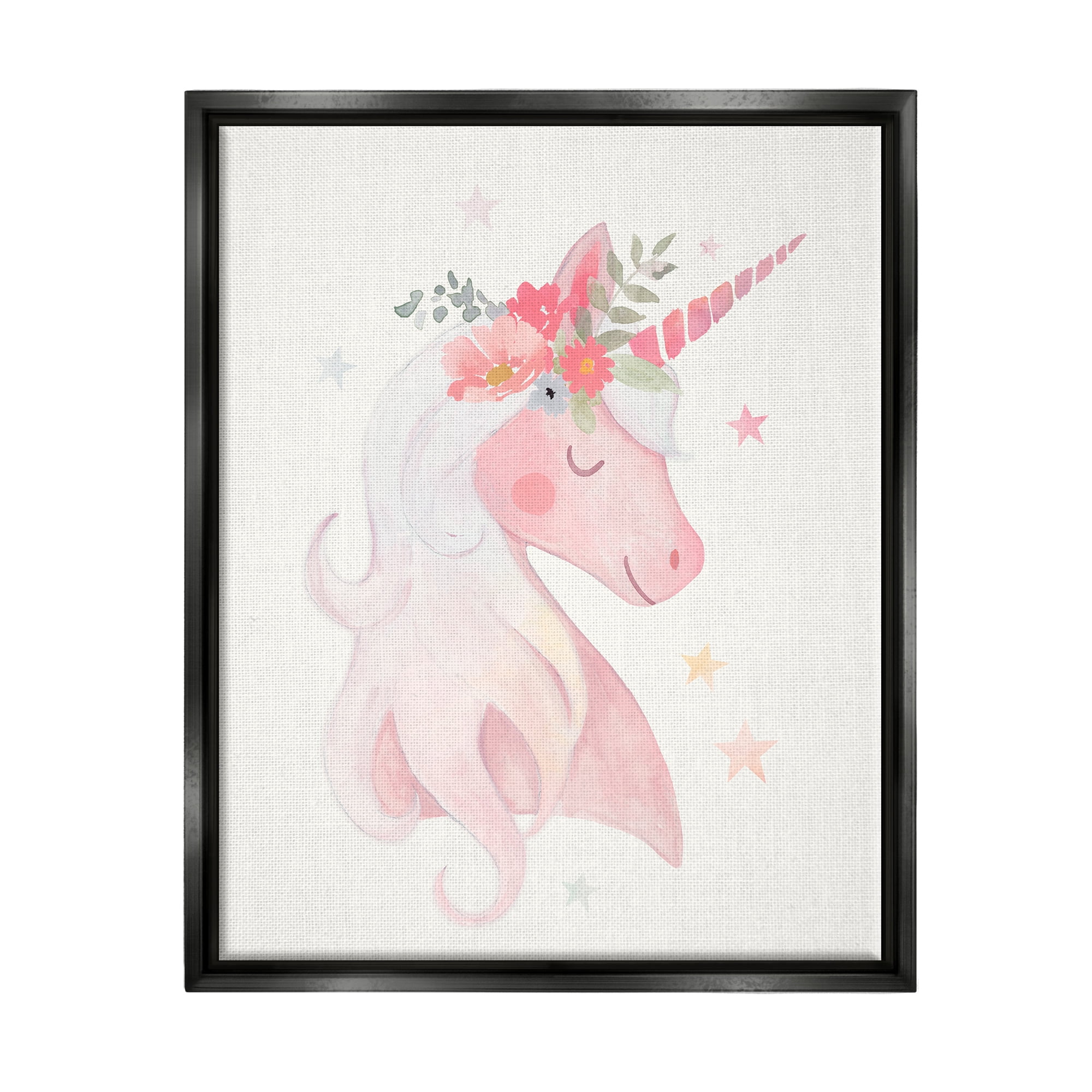 Stupell Industries Pastel Smiling Unicorn Pink Flower Blossom Crown Graphic Art Jet Black Floating Framed Canvas Print Wall Art, Design by Victoria Barnes