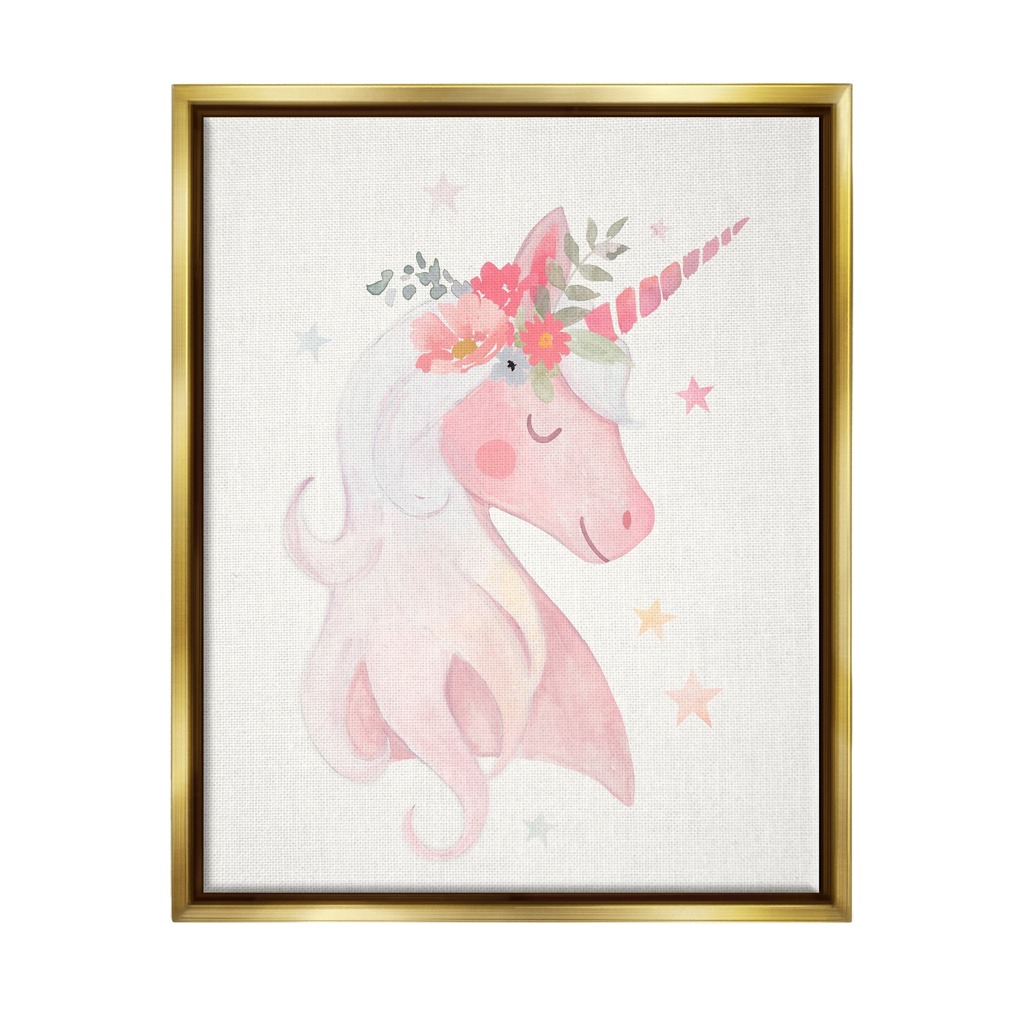 Stupell Industries Pastel Smiling Unicorn Pink Flower Blossom Crown Graphic Art Metallic Gold Floating Framed Canvas Print Wall Art, Design by Victoria Barnes