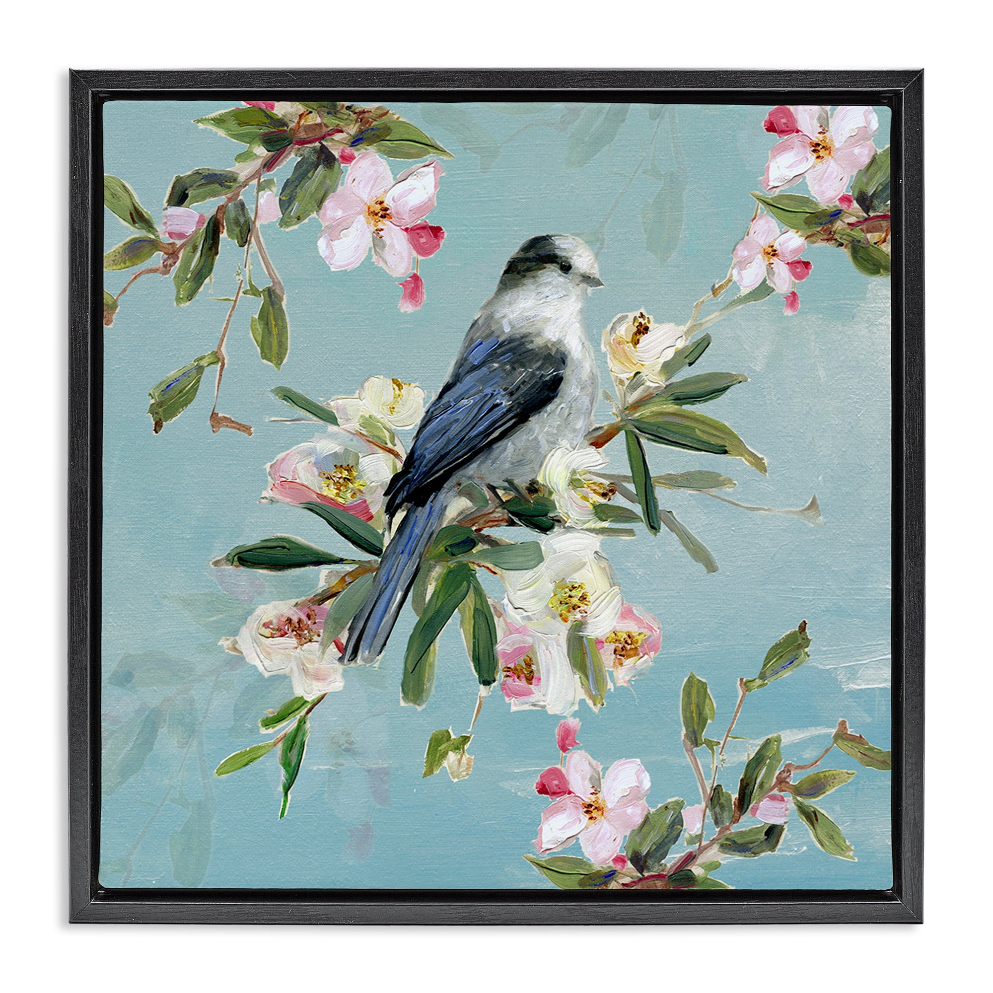 Stupell Industries Pastel Songbird Among Blossoms Black Framed Floater Canvas Wall Art, design by Sally Swatland