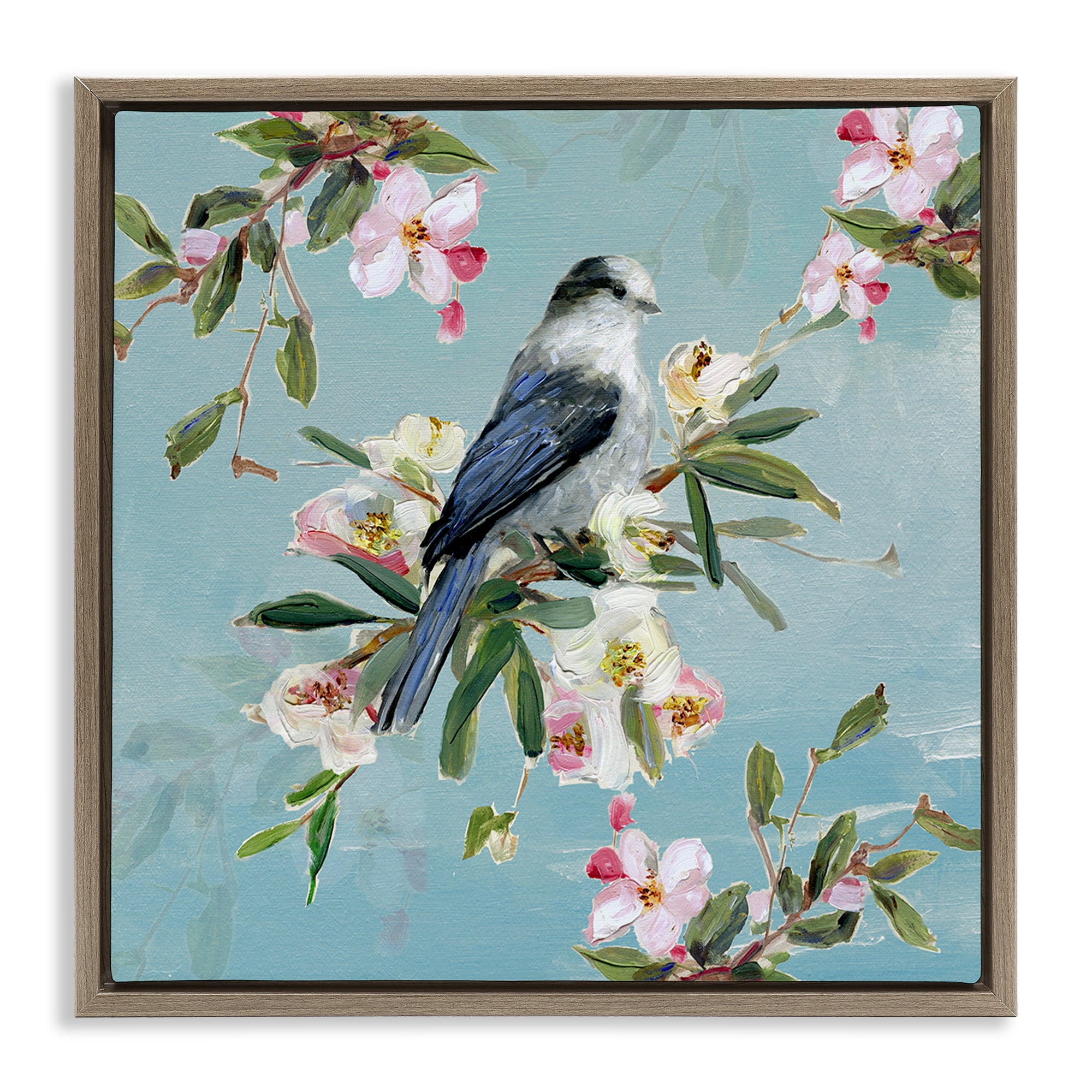 Stupell Industries Pastel Songbird Among Blossoms Brown Framed Floater Canvas Wall Art, design by Sally Swatland