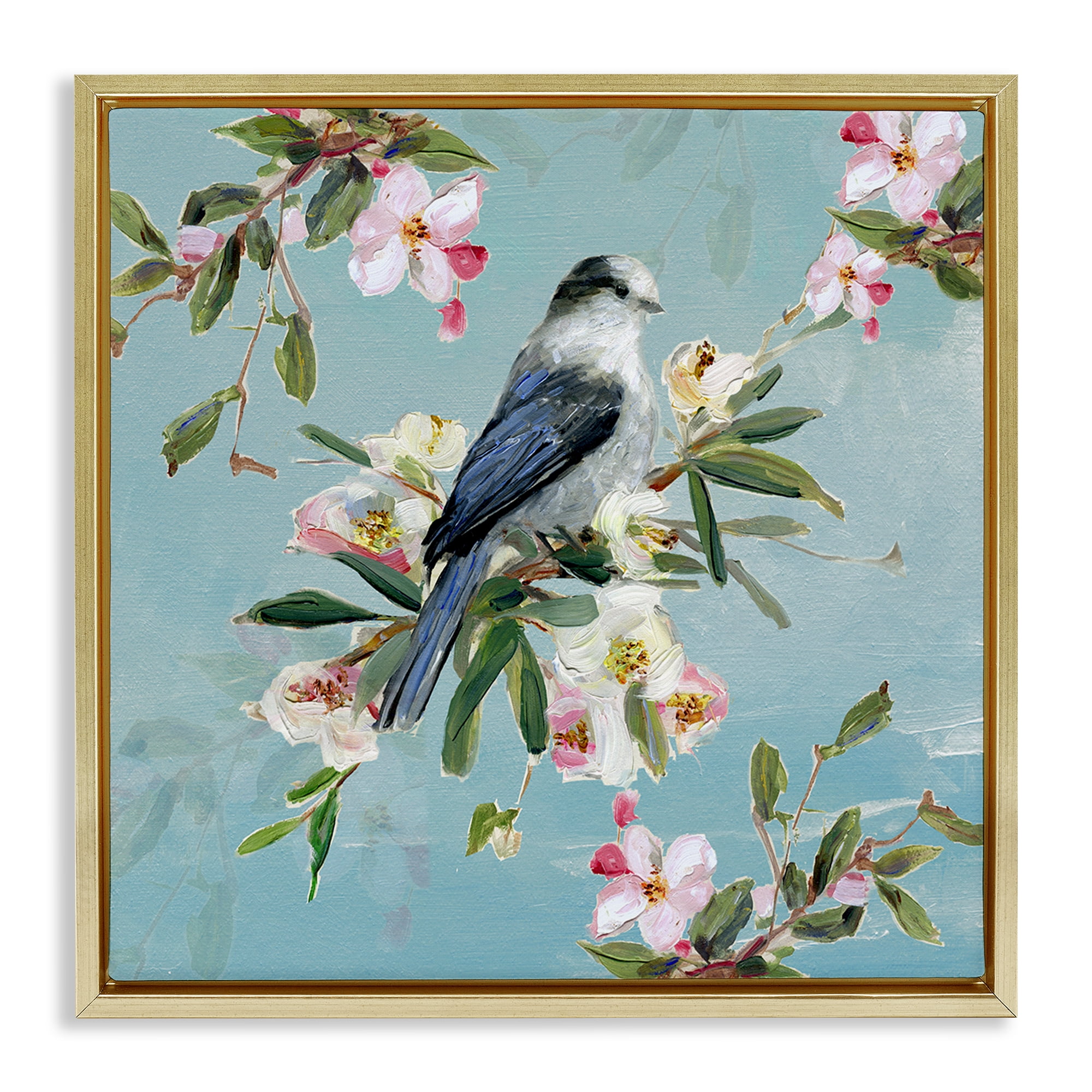 Stupell Industries Pastel Songbird Among Blossoms Gold Framed Floater Canvas Wall Art, design by Sally Swatland