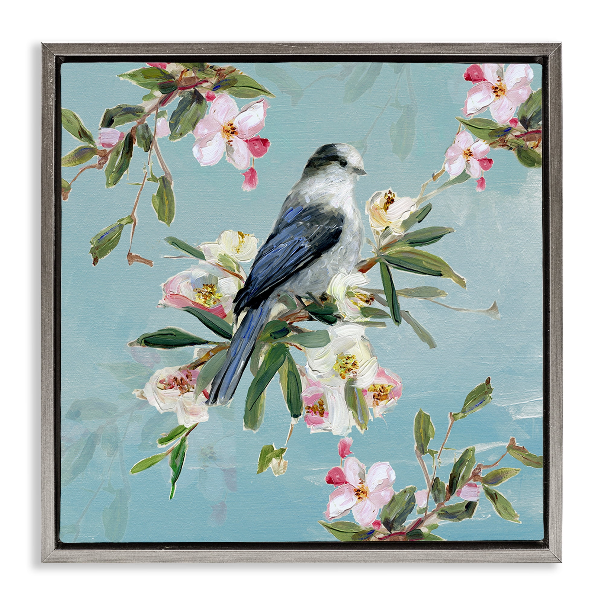 Stupell Industries Pastel Songbird Among Blossoms Gray Framed Floater Canvas Wall Art, design by Sally Swatland