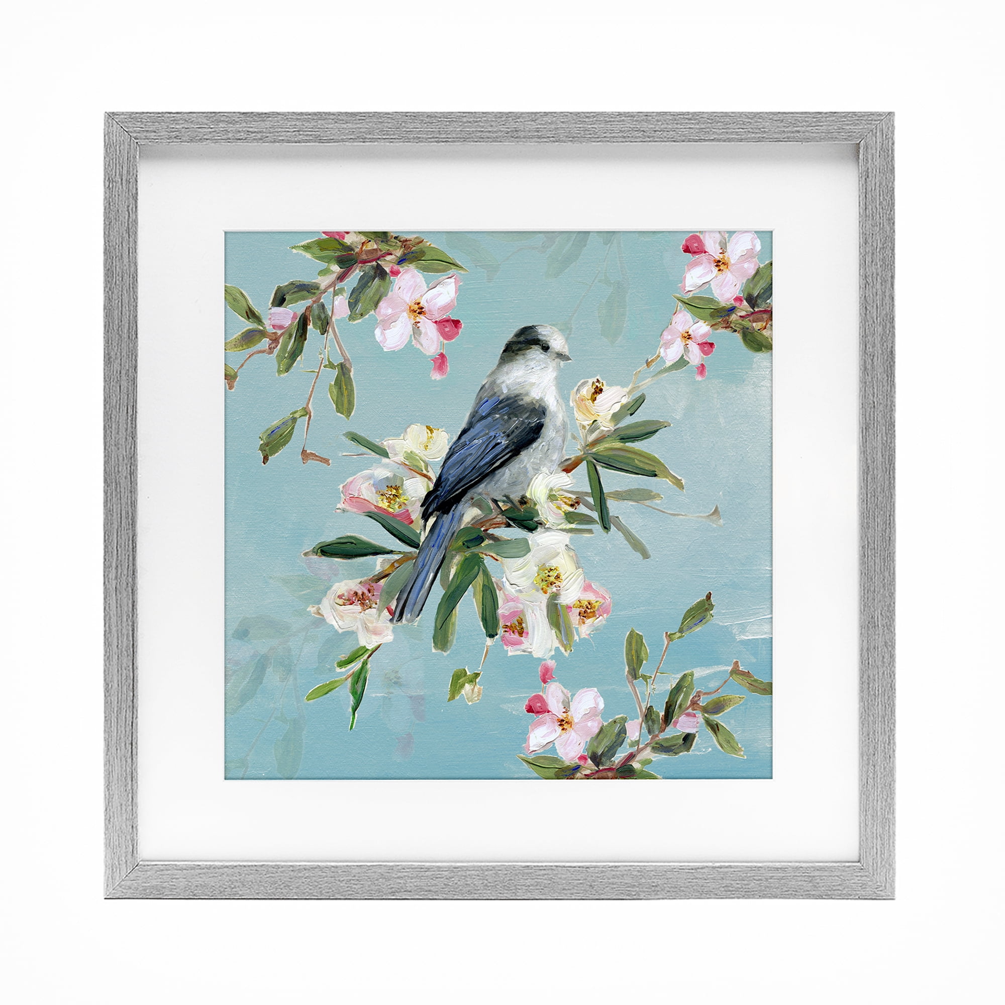 Stupell Industries Pastel Songbird Among Blossoms Gray Framed Print Under Glass, design by Sally Swatland