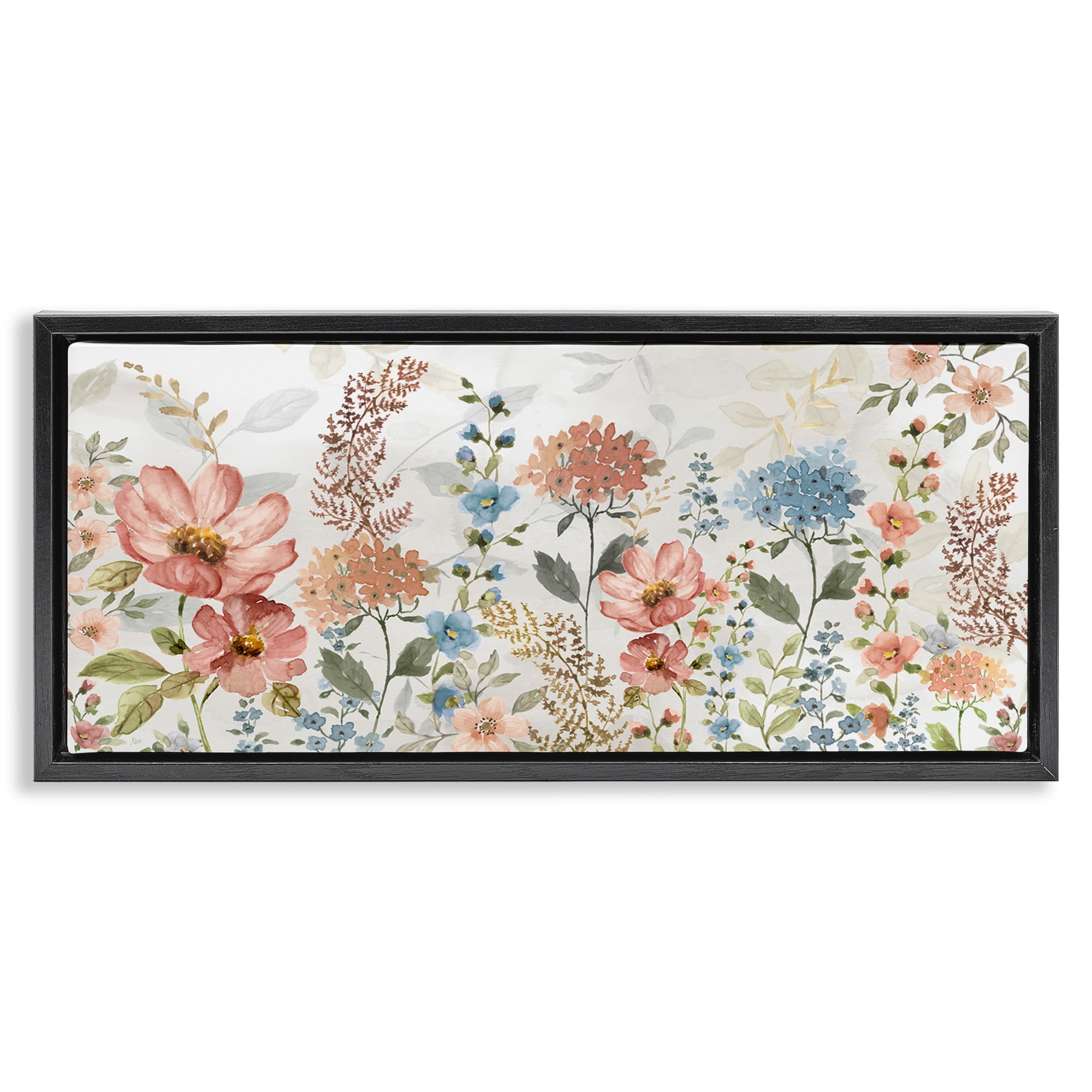 Stupell Industries Pastel Spring Florals Botanical & Floral Painting Black Floater Framed Canvas Art Print Wall Art, 25 x 11