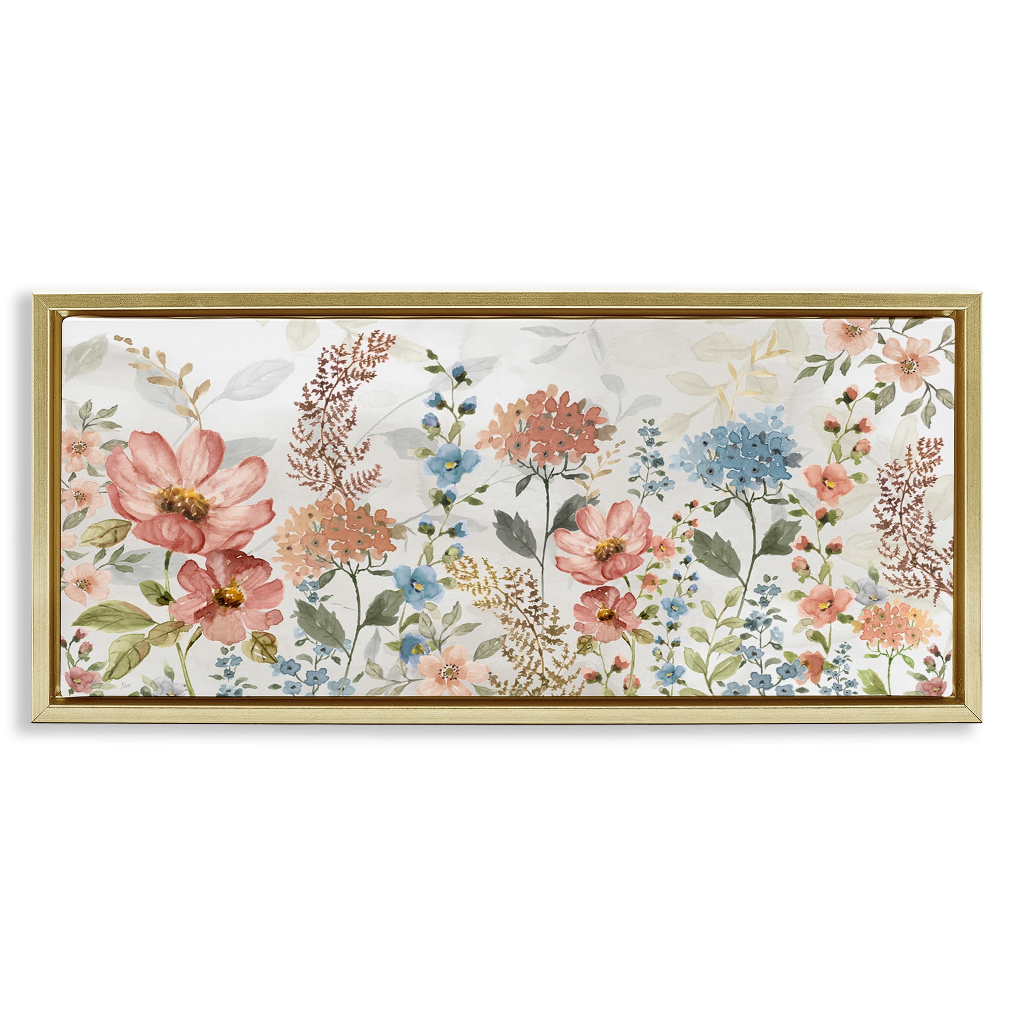 Stupell Industries Pastel Spring Florals Botanical & Floral Painting Gold Floater Framed Canvas Art Print Wall Art, 31 x 14