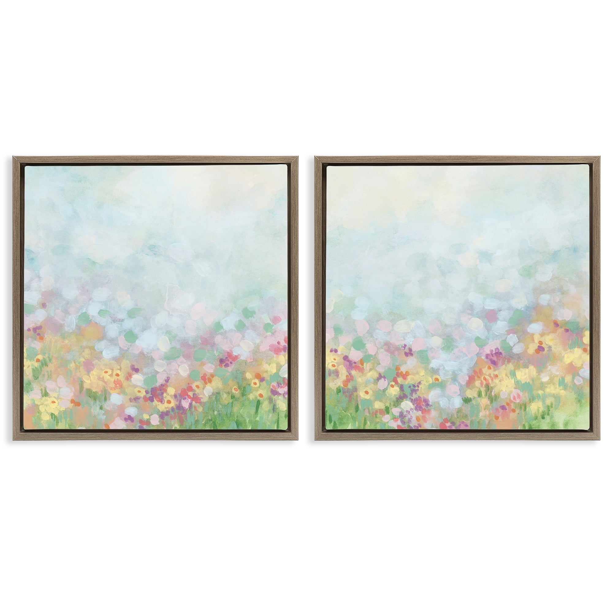 Stupell Industries Pastel Spring Flower Field Abstract Painting Brown Floater Framed Canvas Art Print Wall Art, 18 x 18, Set of 2